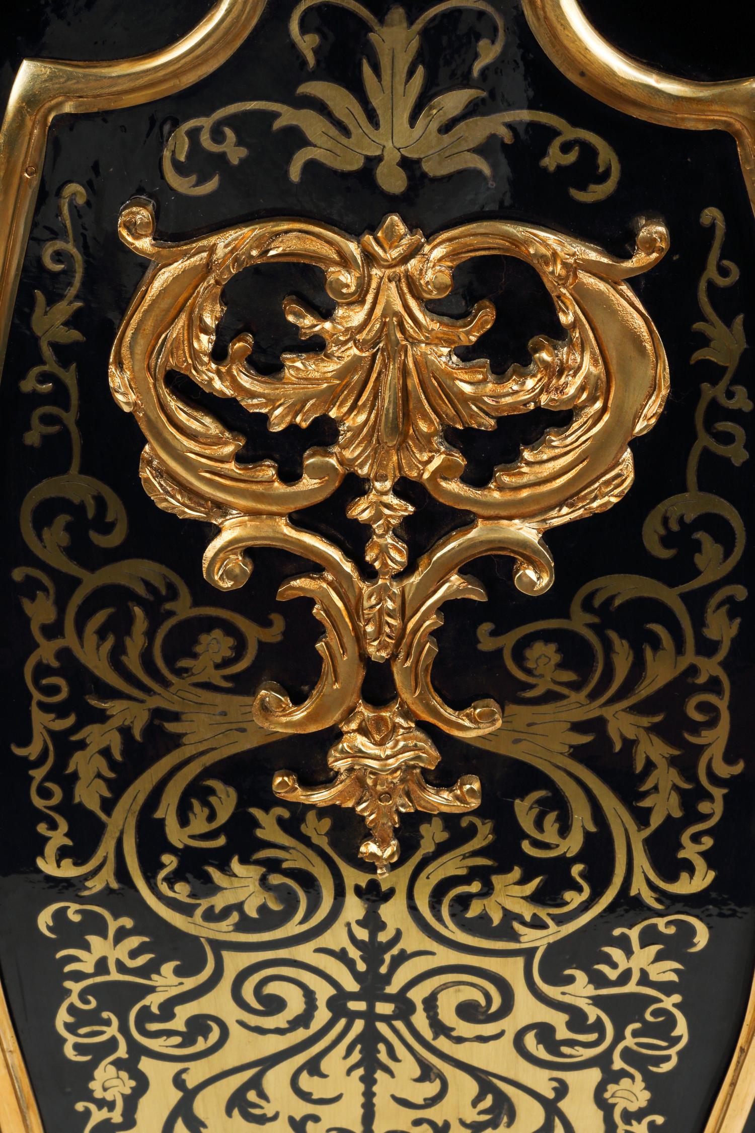 A Pair of Louis XV Style Gilt Bronze Mounted Boulle Marquetry Marble-Top Pedestals