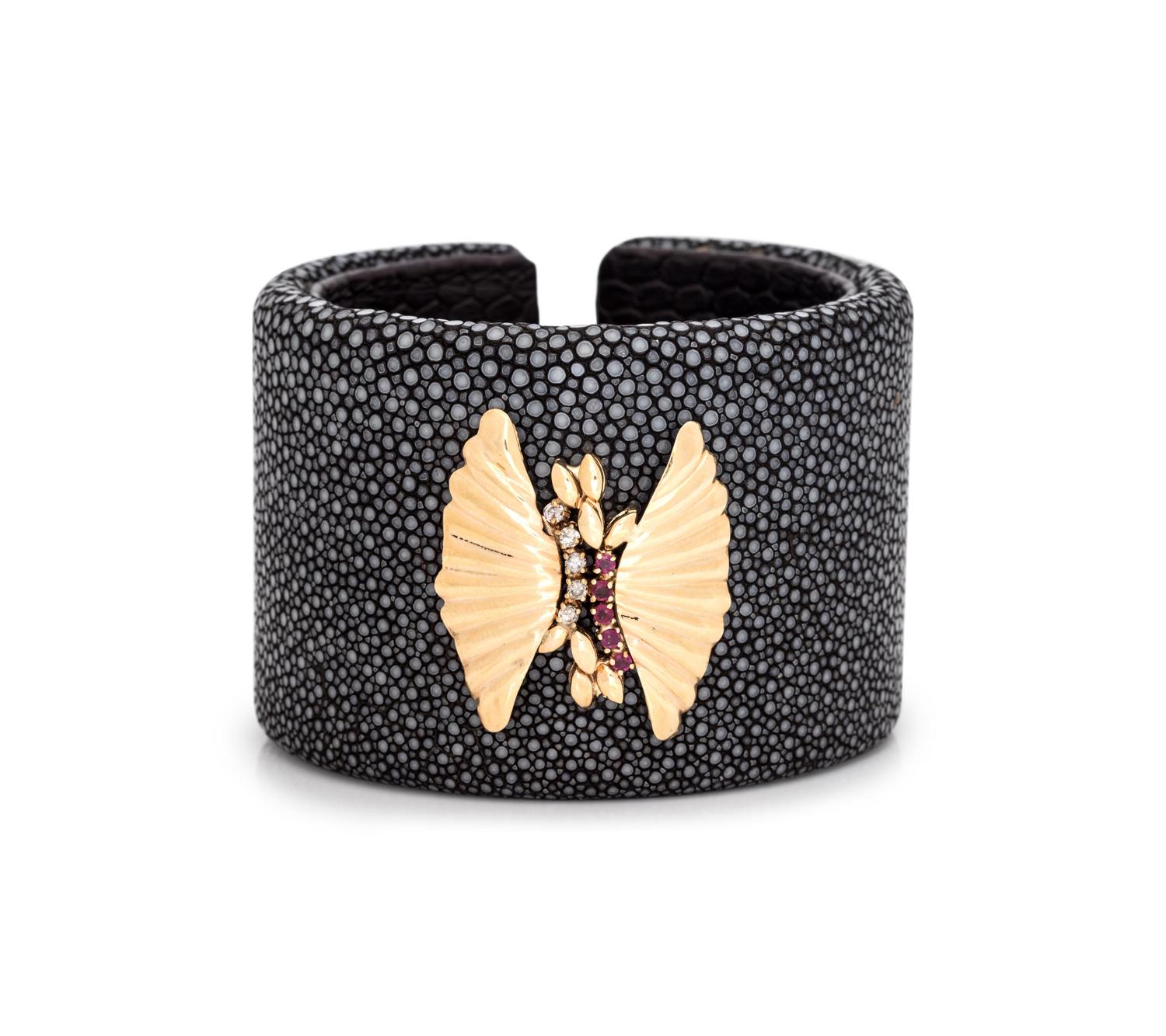 SHAGREEN, DIAMOND AND RUBY CUFF BRACELET