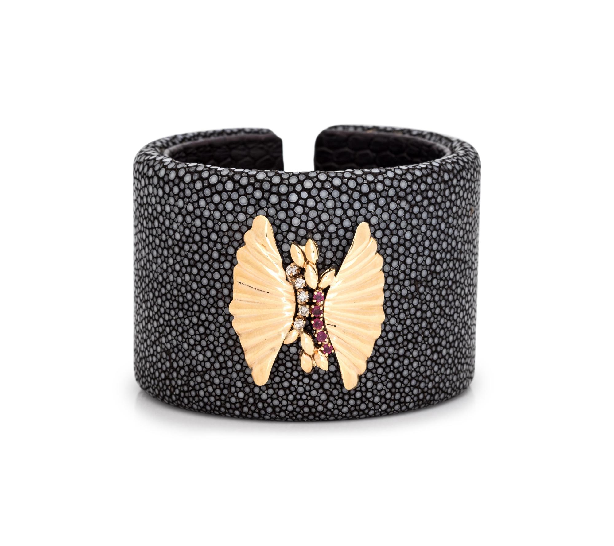 SHAGREEN, DIAMOND AND RUBY CUFF BRACELET