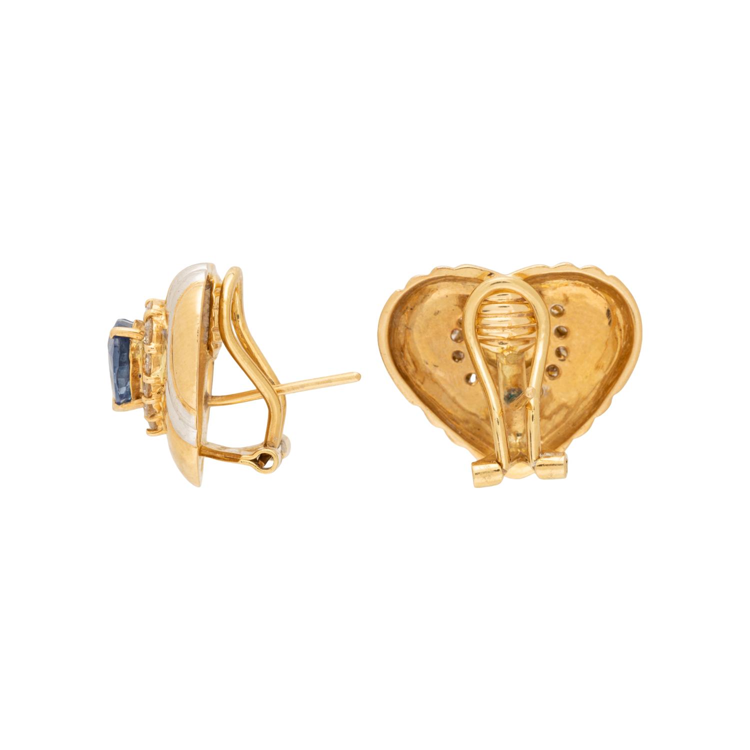 BICOLOR GOLD, SAPPHIRE, AND DIAMOND HEART EARRINGS