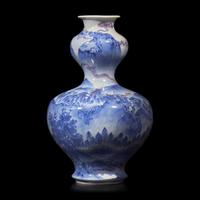 A Japanese Blue and White and Copper Red Glazed Double Gourd 'Landscape' Vase, Signed Dai Nihon Kozan sei
