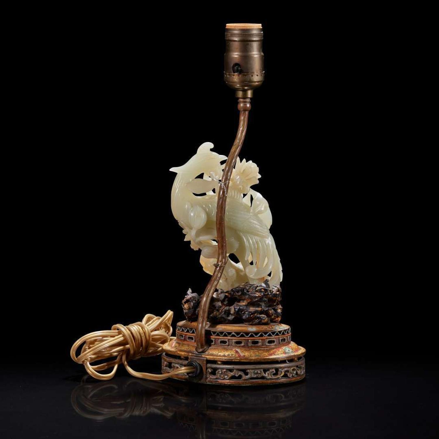 A Chinese jade figure of a phoenix mounted as a lamp 玉凤鸟镶嵌台灯 The jade 18th/early 19th century ??????????????