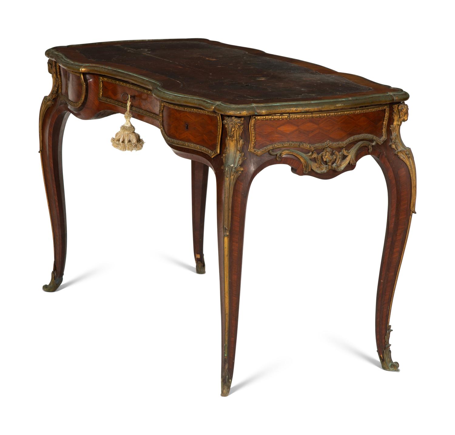 A Louis XV Style Gilt Bronze Mounted Parquetry Bureau Plat