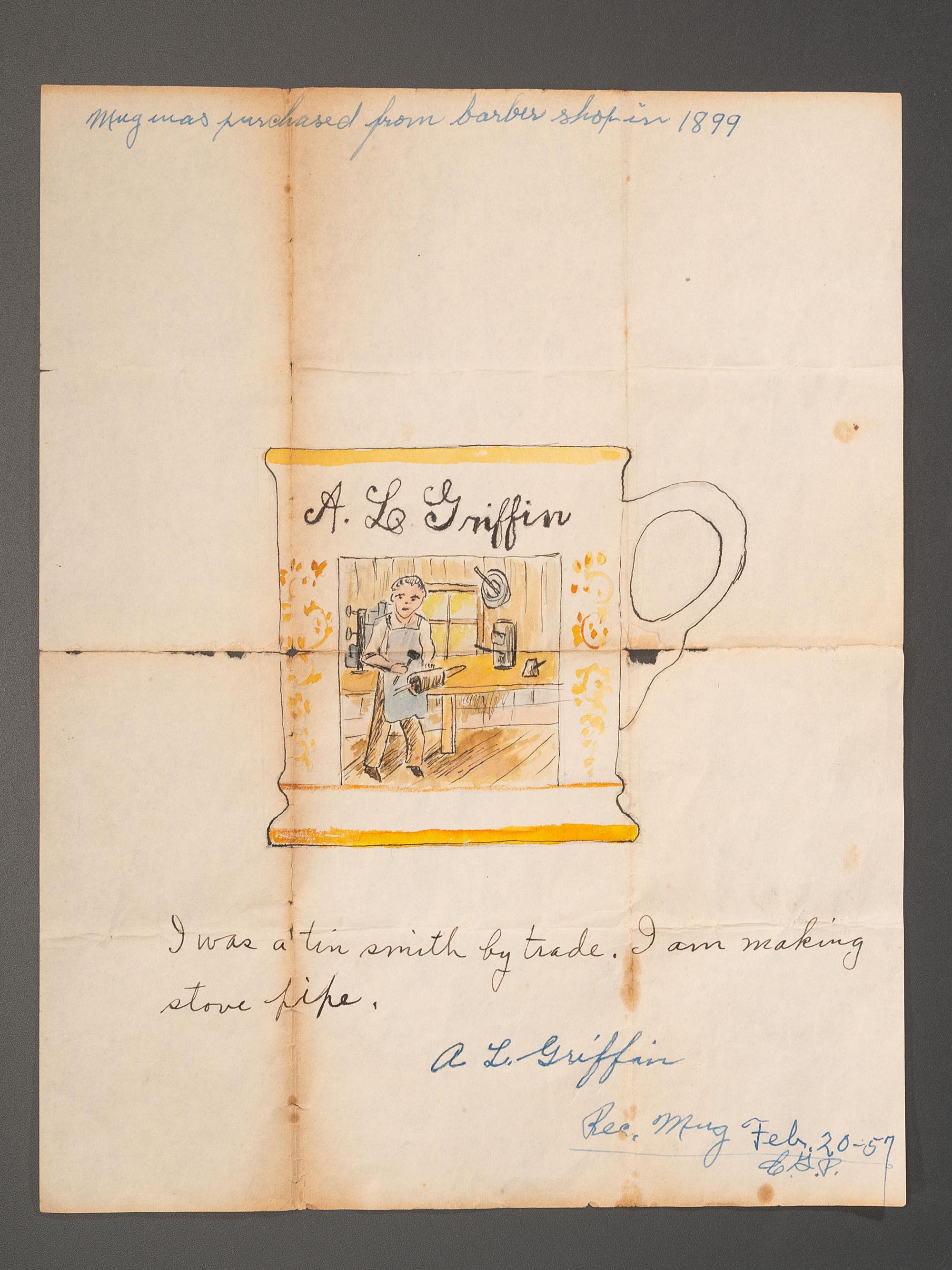 A Preparatory Sketch for a Tinsmith's Porcelain Occupational Shaving Mug Identified to A. L. Griffin