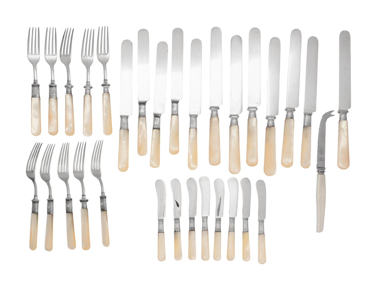 A Set of Silver, Stainless Steel and Mother-of-Pearl Flatware Articles