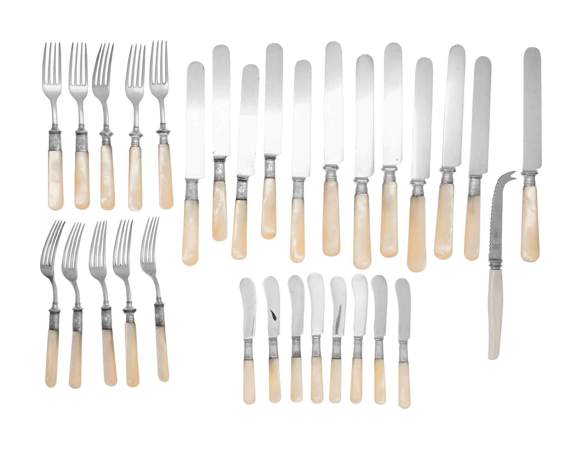 A Set of Silver, Stainless Steel and Mother-of-Pearl Flatware Articles