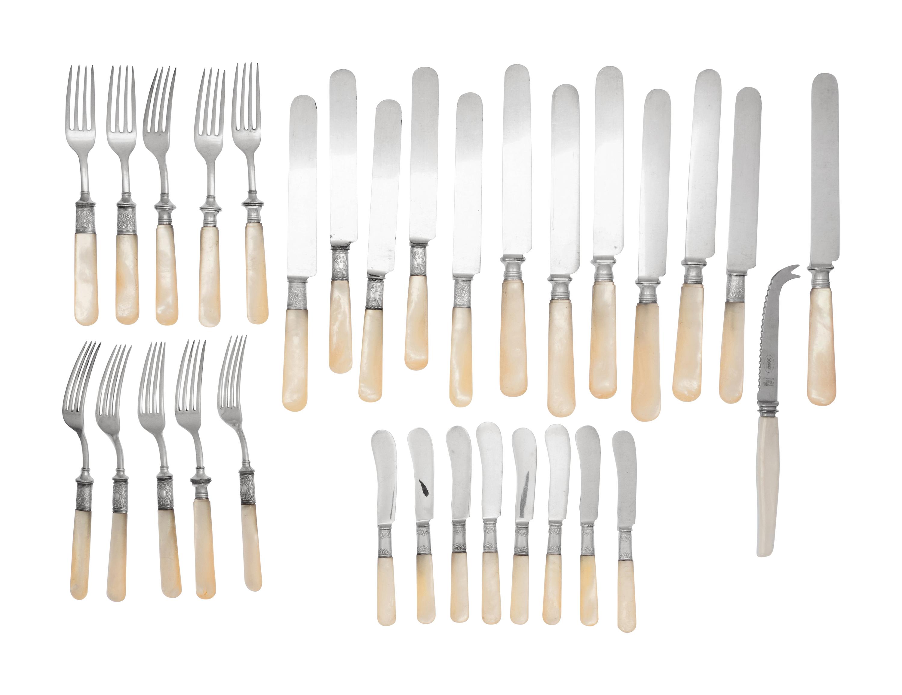 A Set of Silver, Stainless Steel and Mother-of-Pearl Flatware Articles