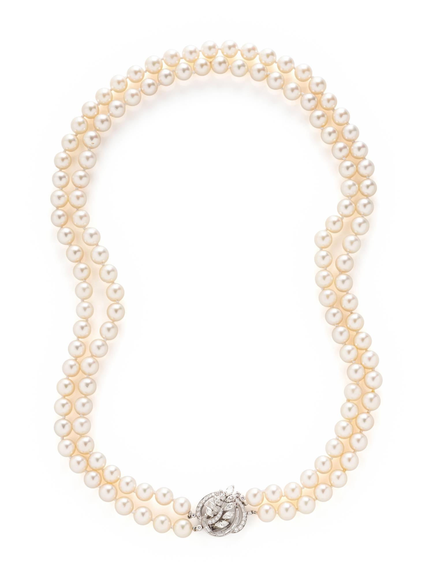 DOUBLE STRAND CULTURED PEARL AND DIAMOND NECKLACE