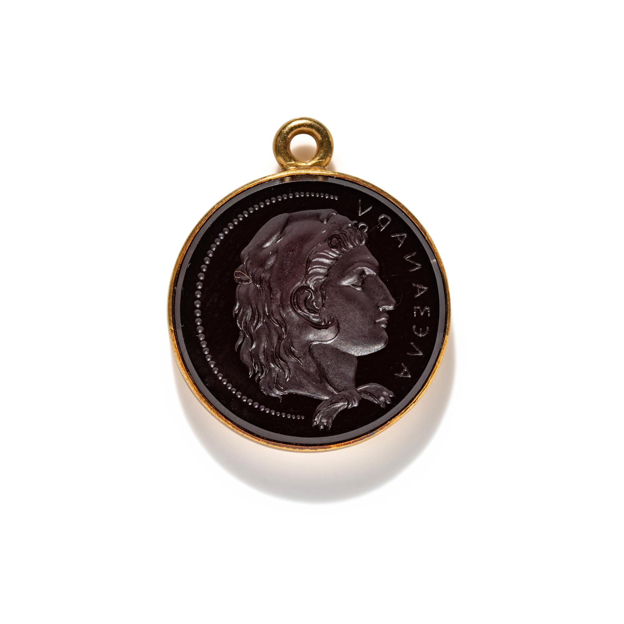 A Neoclassical Gold and Carnelian Pendant with a Portrait Head of Alexander the Great as Hercules