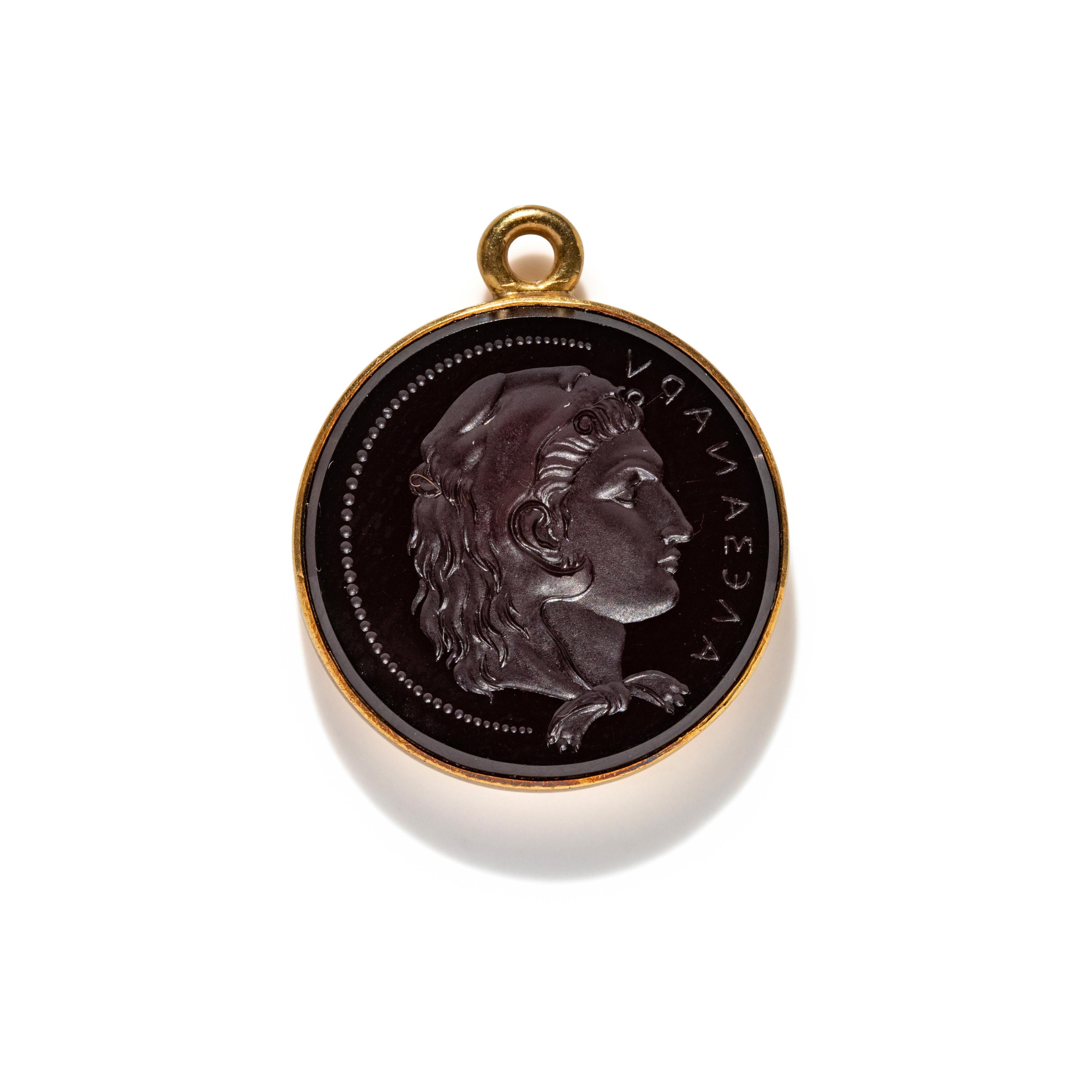 A Neoclassical Gold and Carnelian Pendant with a Portrait Head of Alexander the Great as Hercules