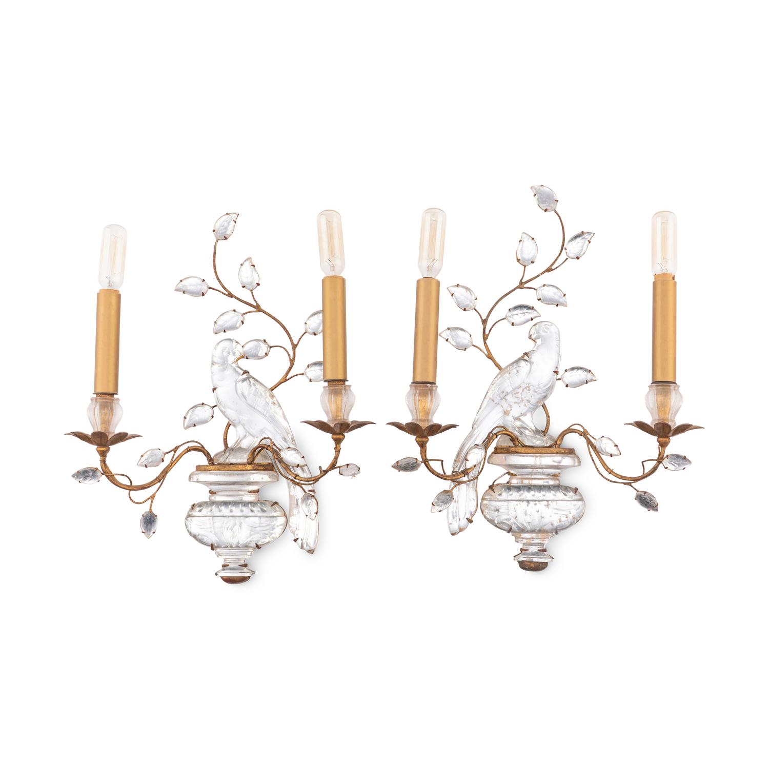 A Pair of Gilt Metal and Rock Crystal Two-Light Sconces