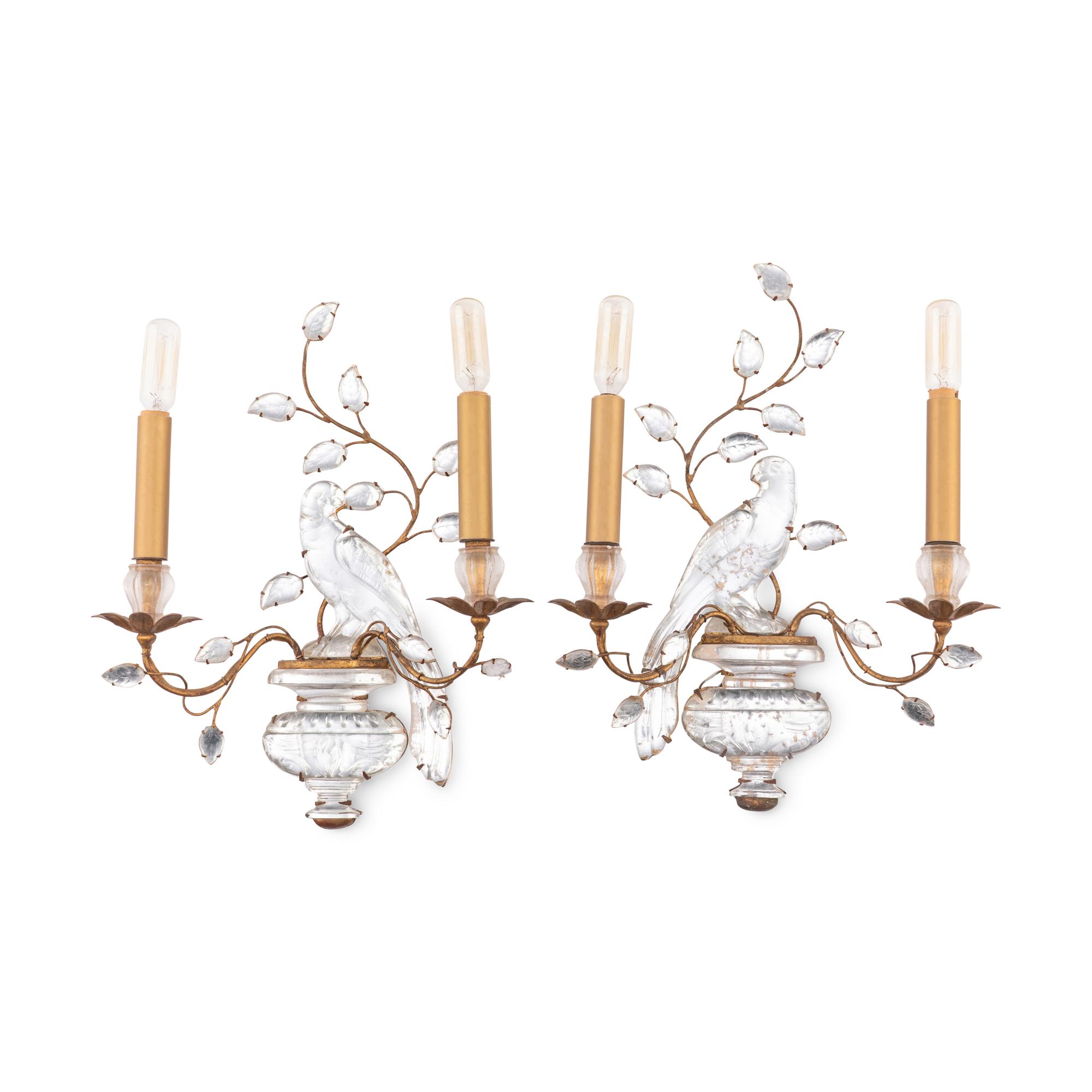 A Pair of Gilt Metal and Rock Crystal Two-Light Sconces