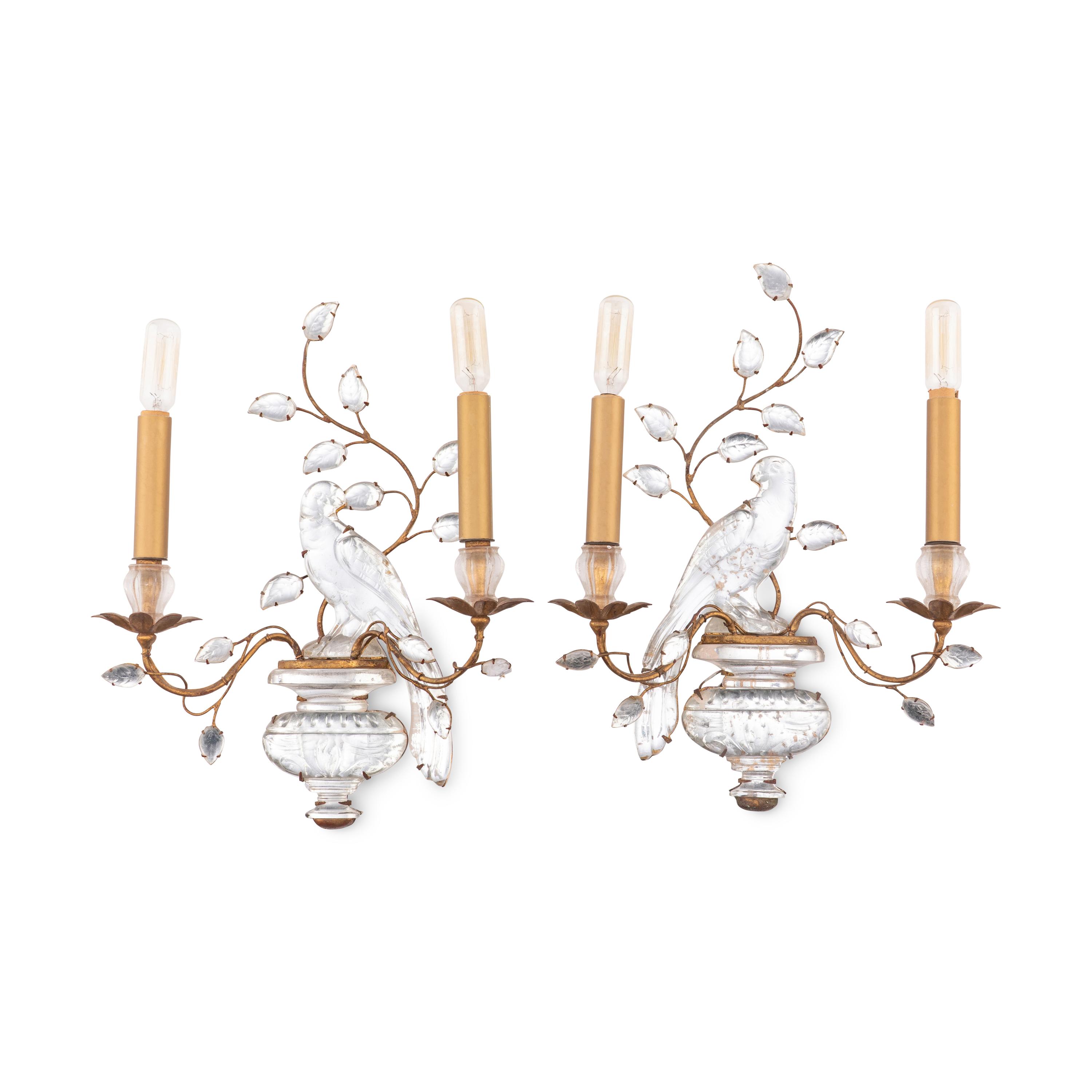 A Pair of Gilt Metal and Rock Crystal Two-Light Sconces