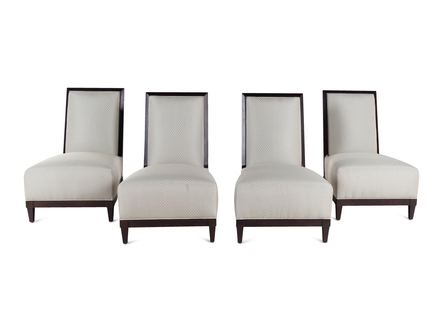 Four Donghia Black-Painted Slipper Chairs and a Pair of Associated Low Tables