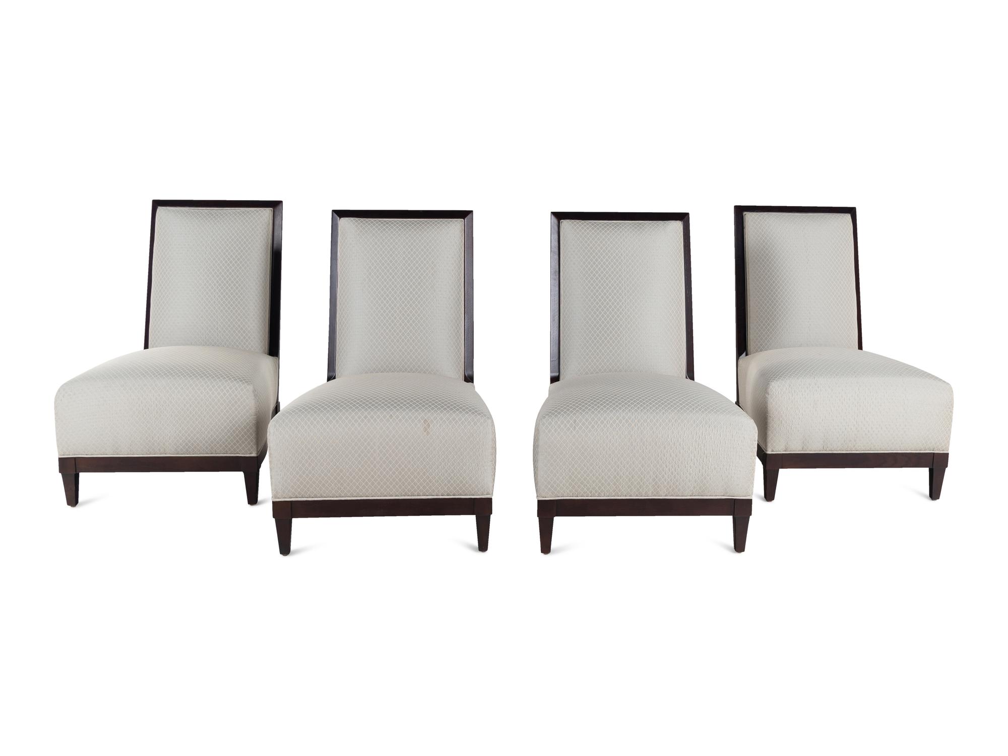 Four Donghia Black-Painted Slipper Chairs and a Pair of Associated Low Tables