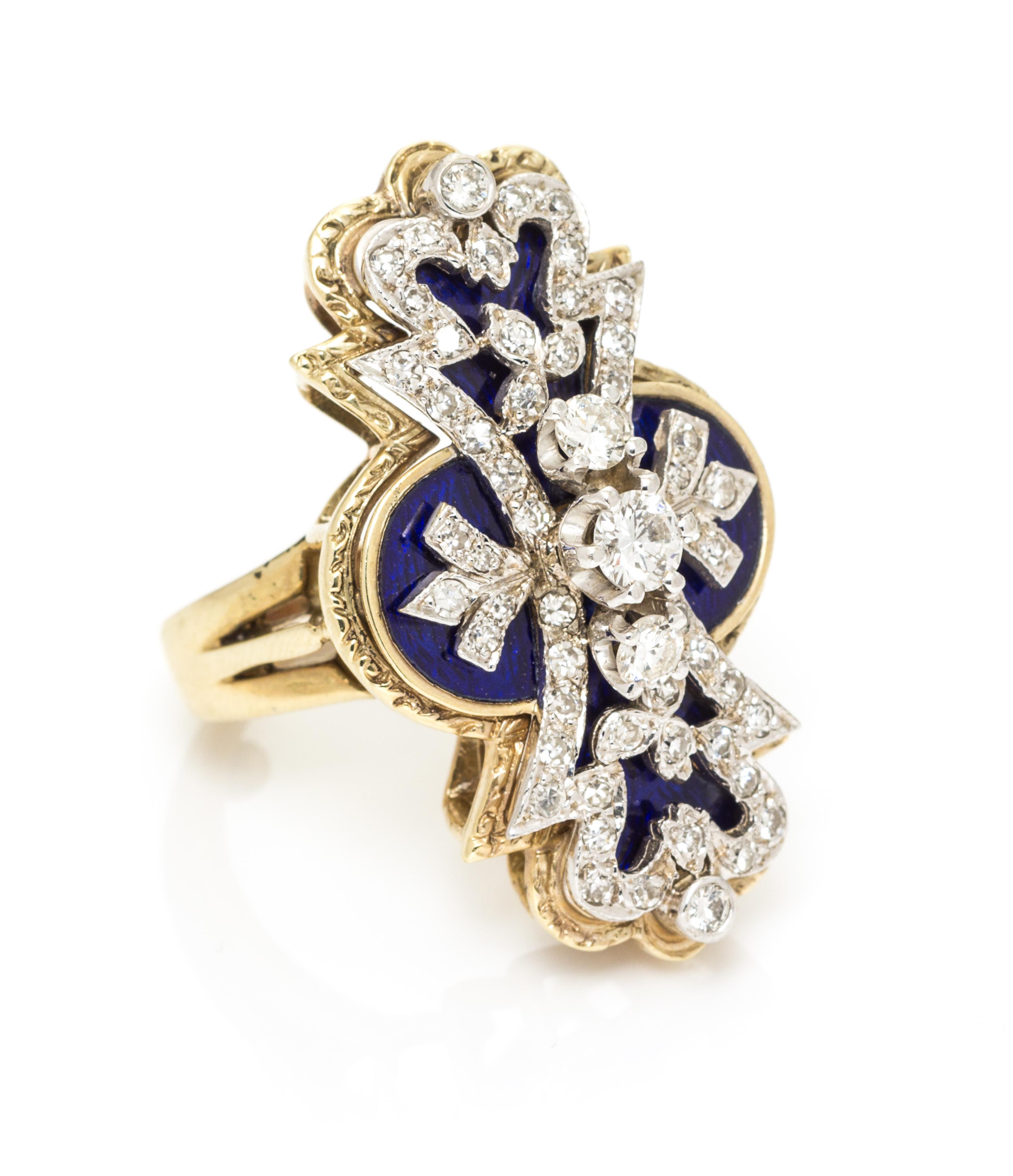 A Bicolor Gold, Diamond and Enamel Ring, 10.50 dwts.