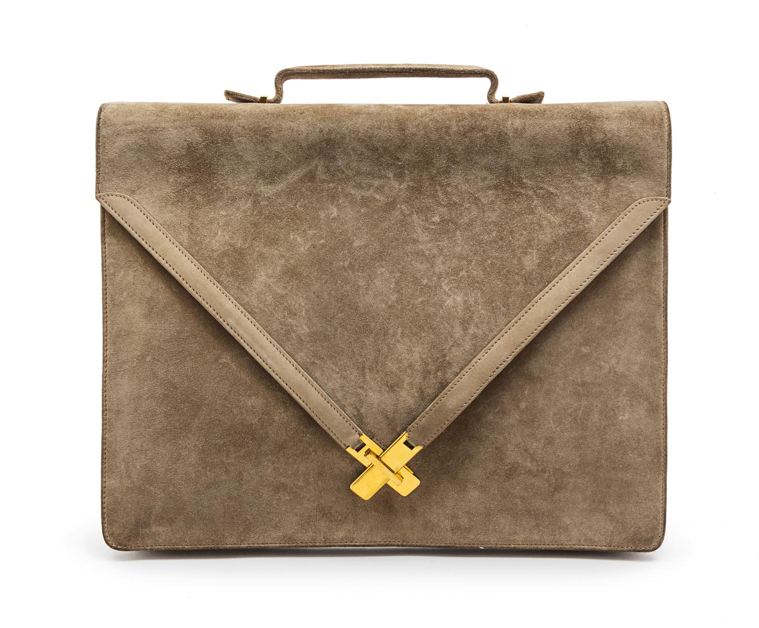 An Hermes Taupe Suede Briefcase, 13 x 10 1/2 x 1 inches.