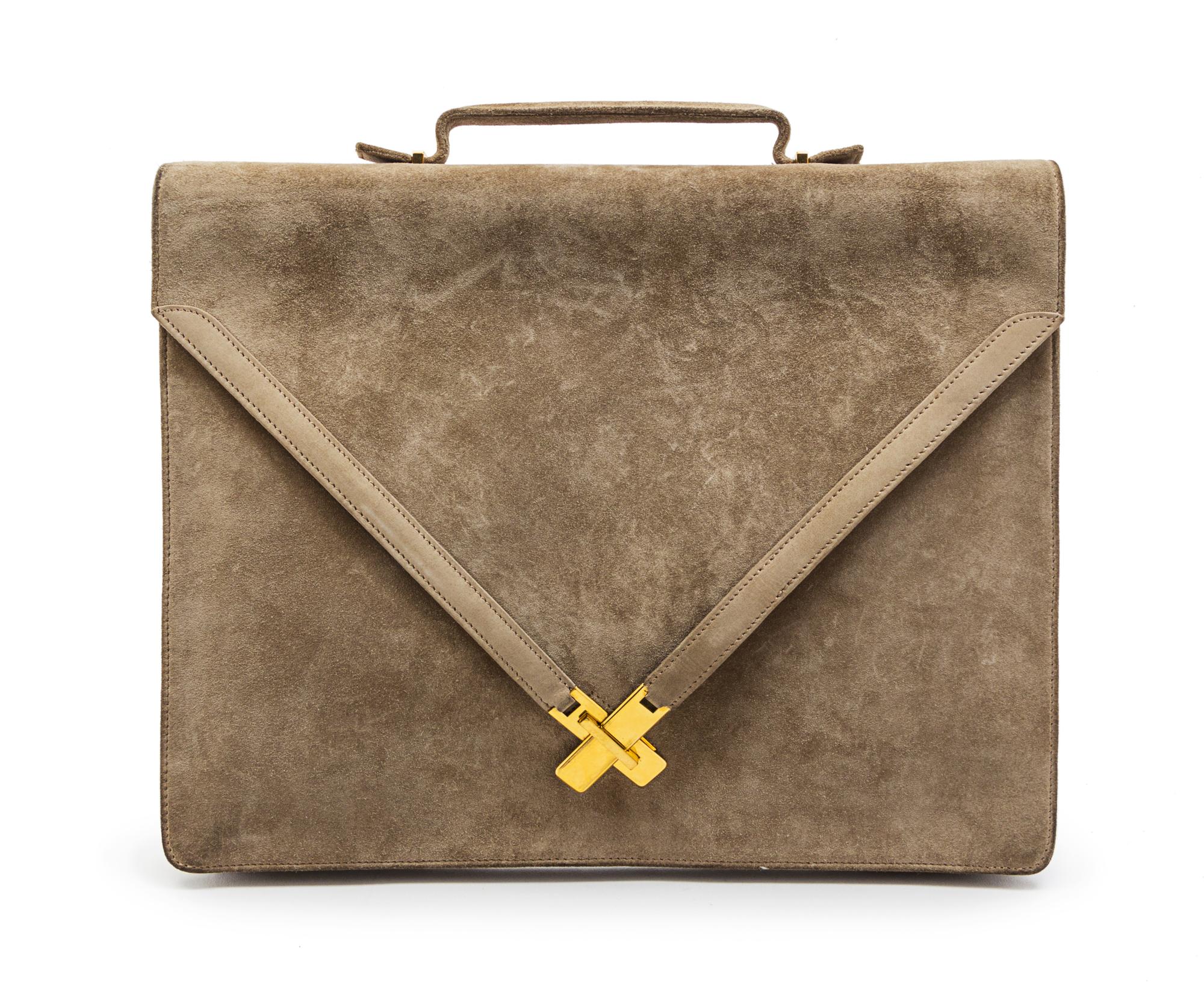 An Hermes Taupe Suede Briefcase, 13 x 10 1/2 x 1 inches.