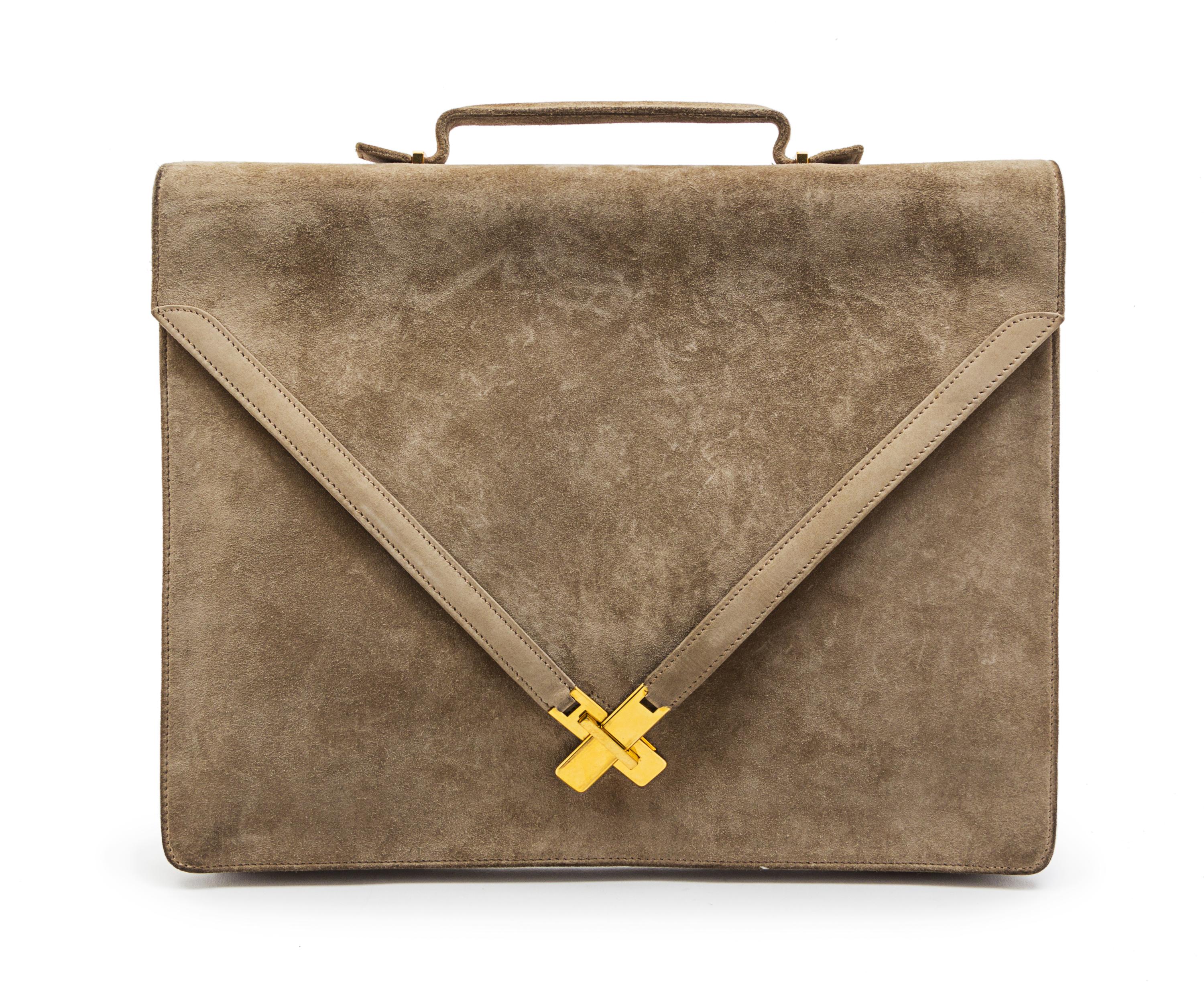 An Hermes Taupe Suede Briefcase, 13 x 10 1/2 x 1 inches.