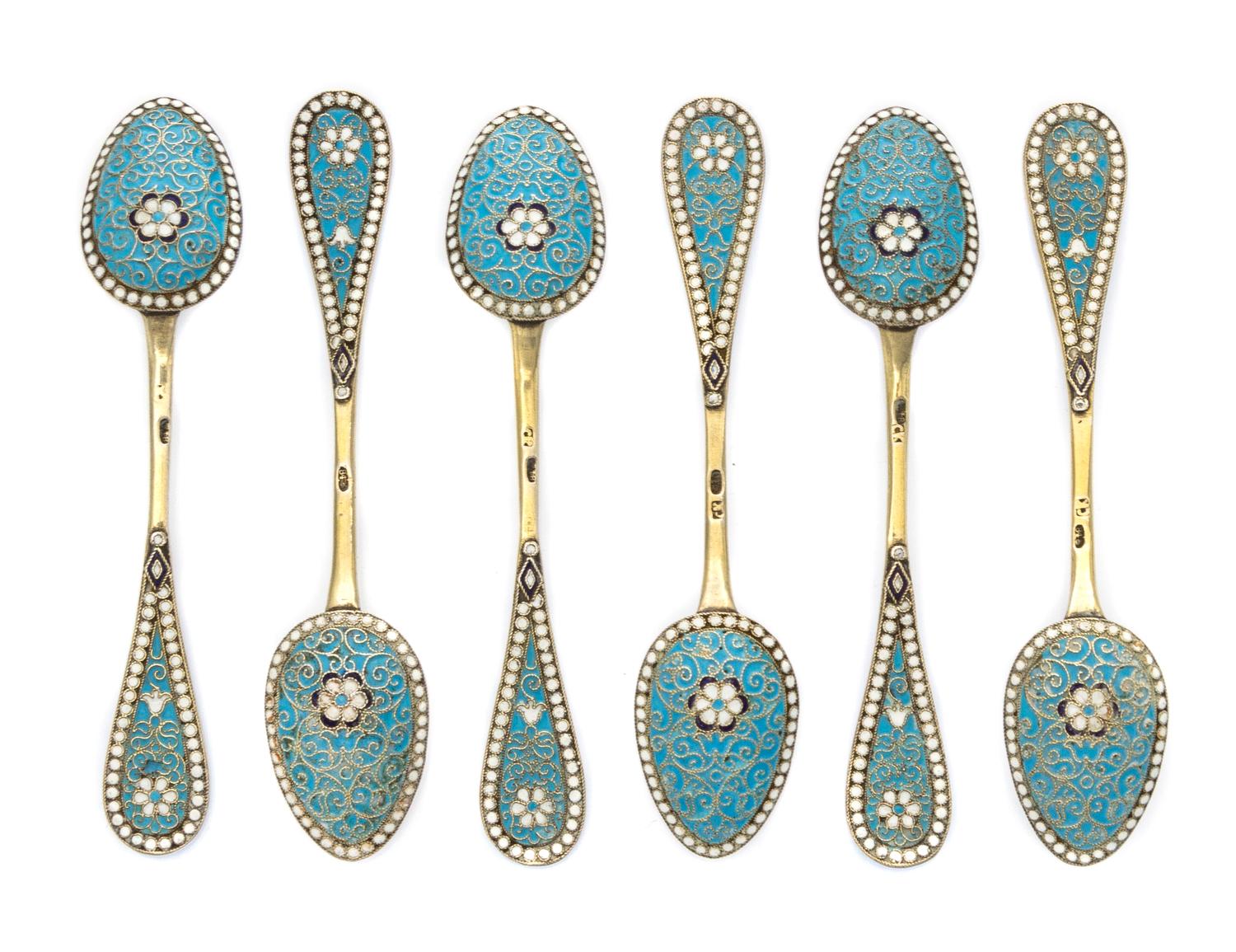 A Set of Six Russian Silver and Enamel Demitasse Spoons, Maker's mark Cyrillic SK, Moscow, late 19th century, having a light blue ename