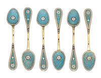 A Set of Six Russian Silver and Enamel Demitasse Spoons, Maker's mark Cyrillic SK, Moscow, late 19th century, having a light blue ename