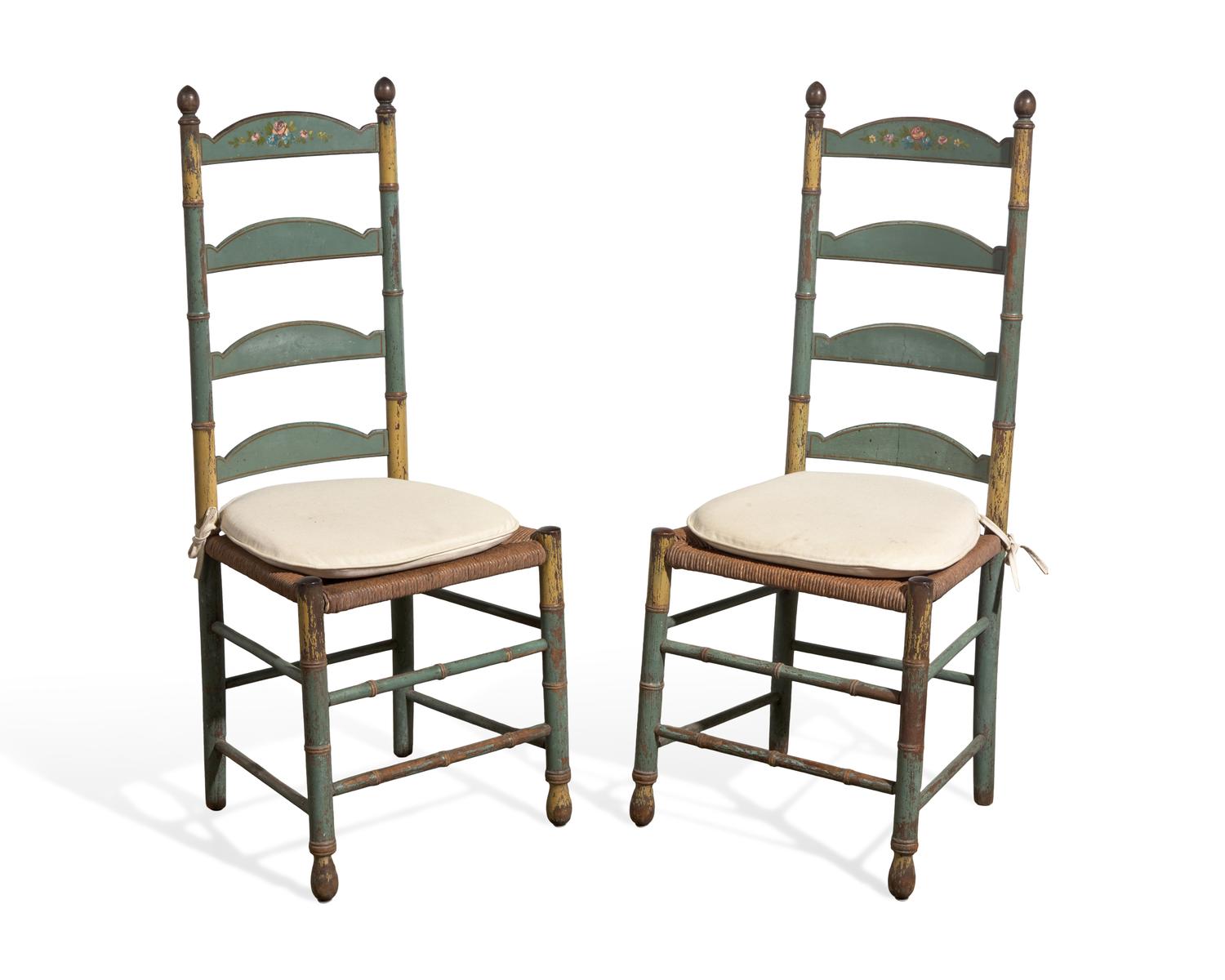 A Pair of Green-Painted and Decorated Ladder-Back Rush-Seat Side Chairs