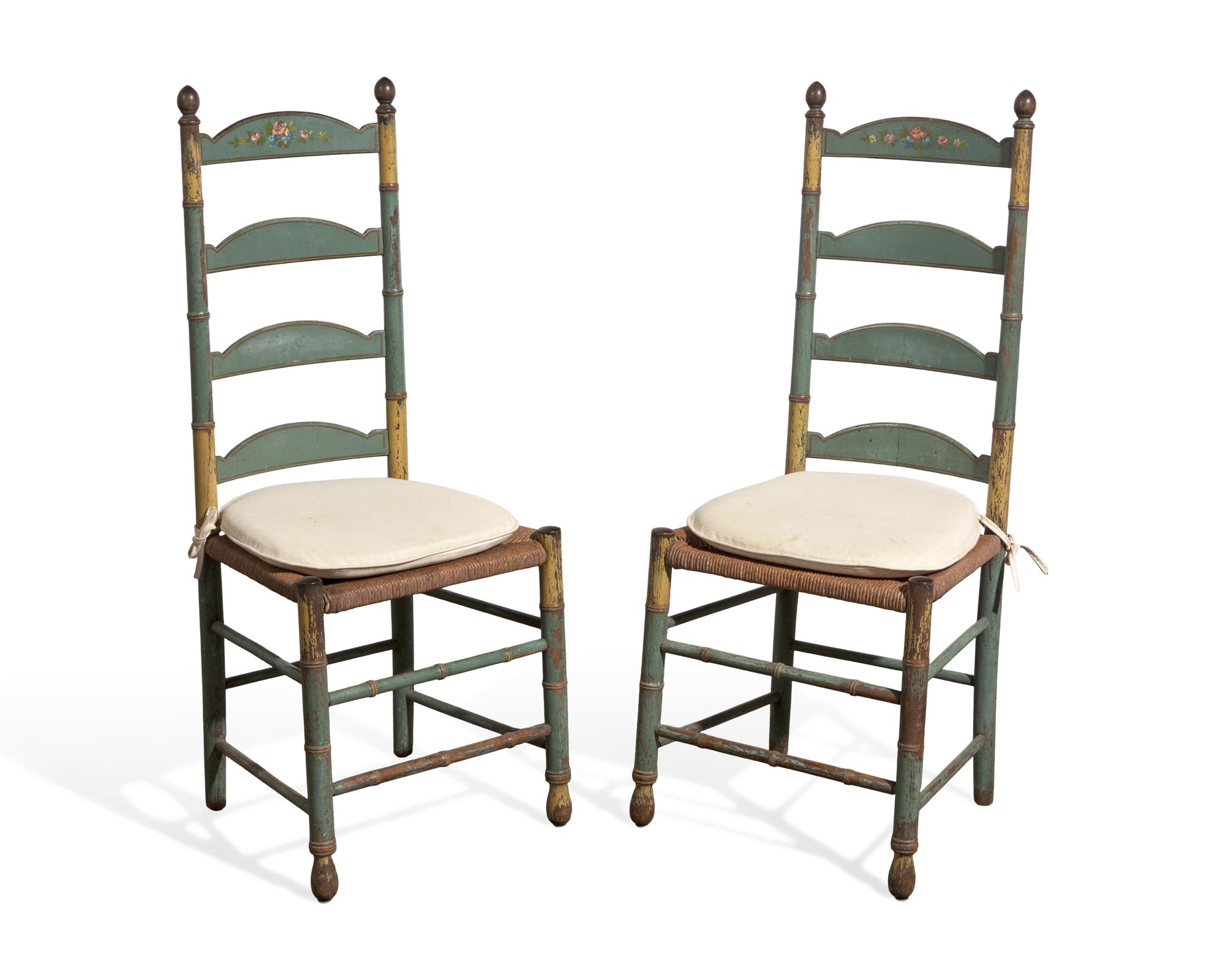 A Pair of Green-Painted and Decorated Ladder-Back Rush-Seat Side Chairs