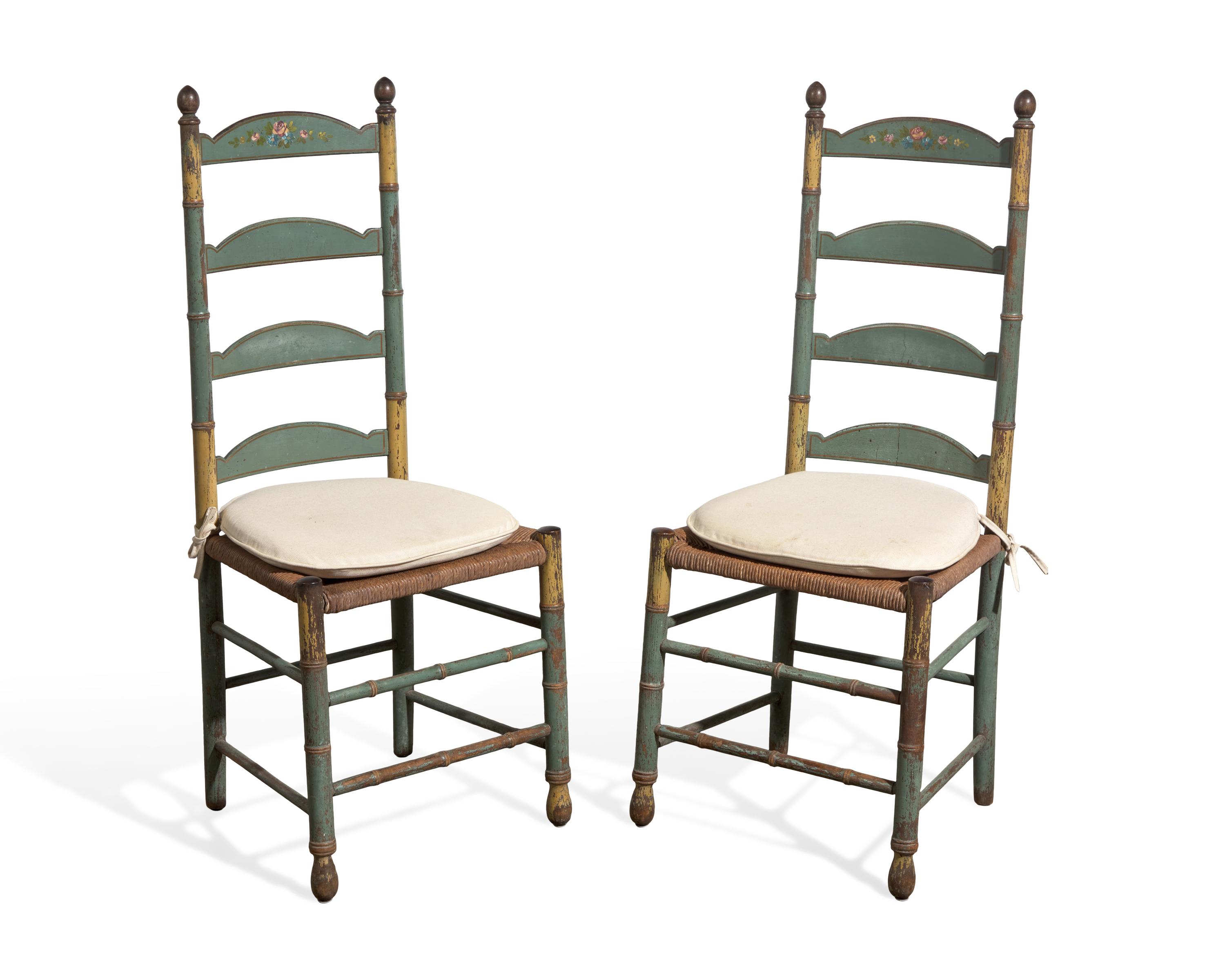 A Pair of Green-Painted and Decorated Ladder-Back Rush-Seat Side Chairs