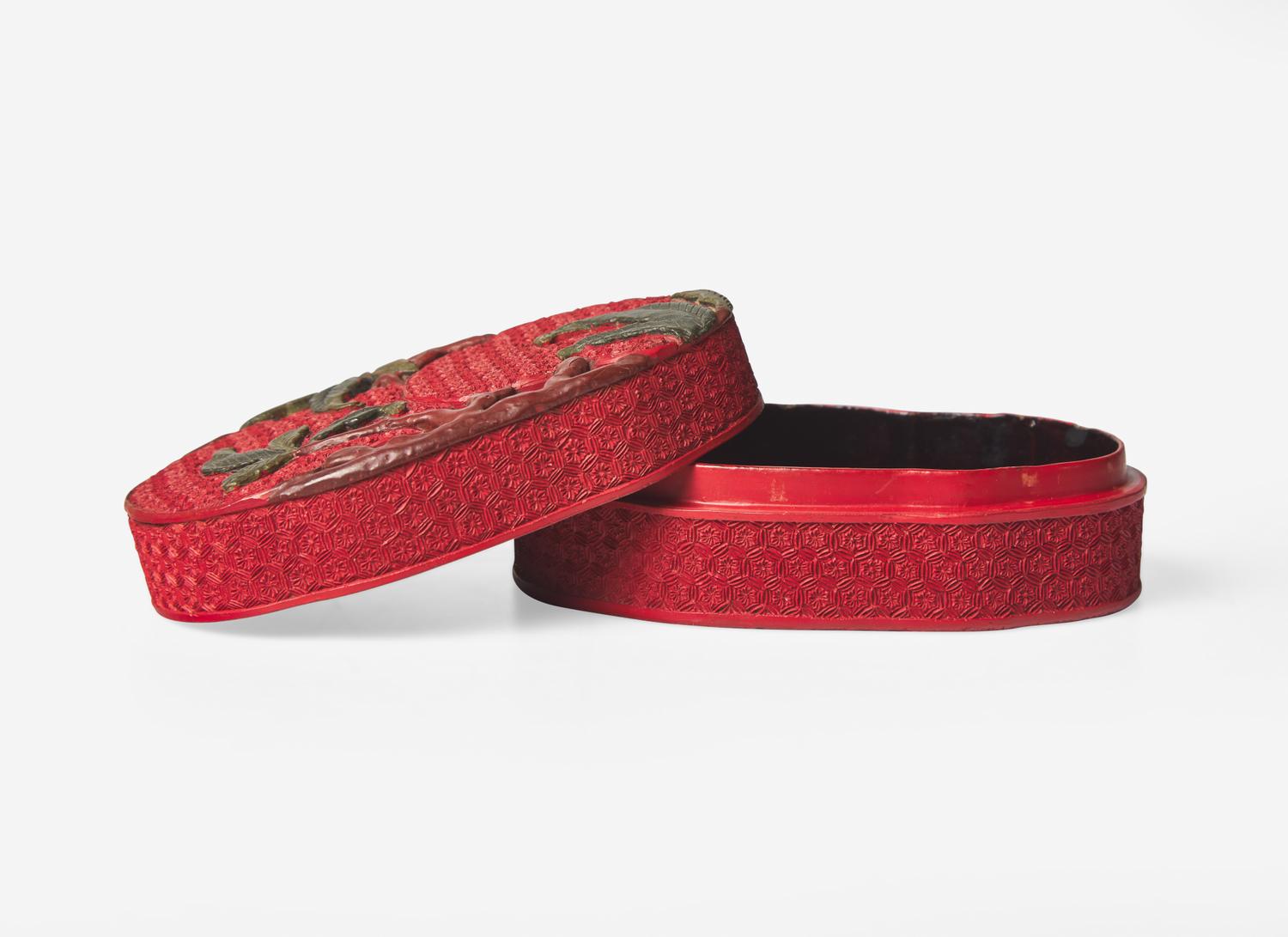 A Chinese Polychromed Cinnabar Lacquer 'Peaches' Covered Box