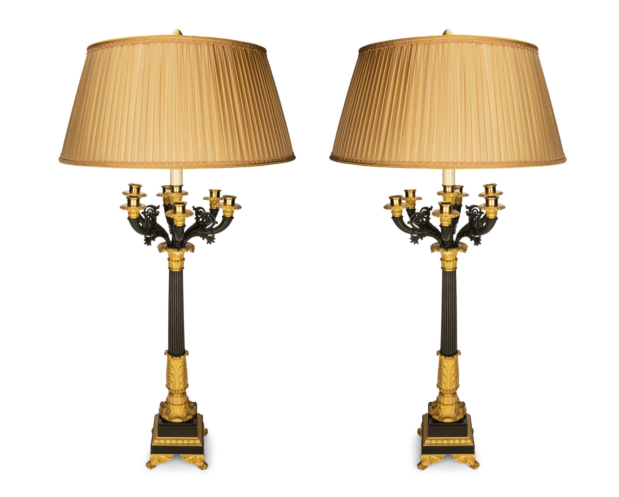 A Pair of Louis Philippe Gilt and Patinated Bronze Seven-Light Candelabra