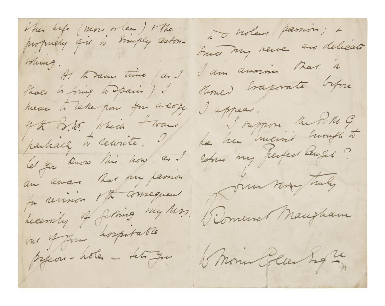 Maugham, W. Somerset (1874-1965). Autograph letter signed ("W. Somerset Maugham") to W. Morris Colles, Carlisle Mansions, Westminster S.W., 8 January [ca 1899].