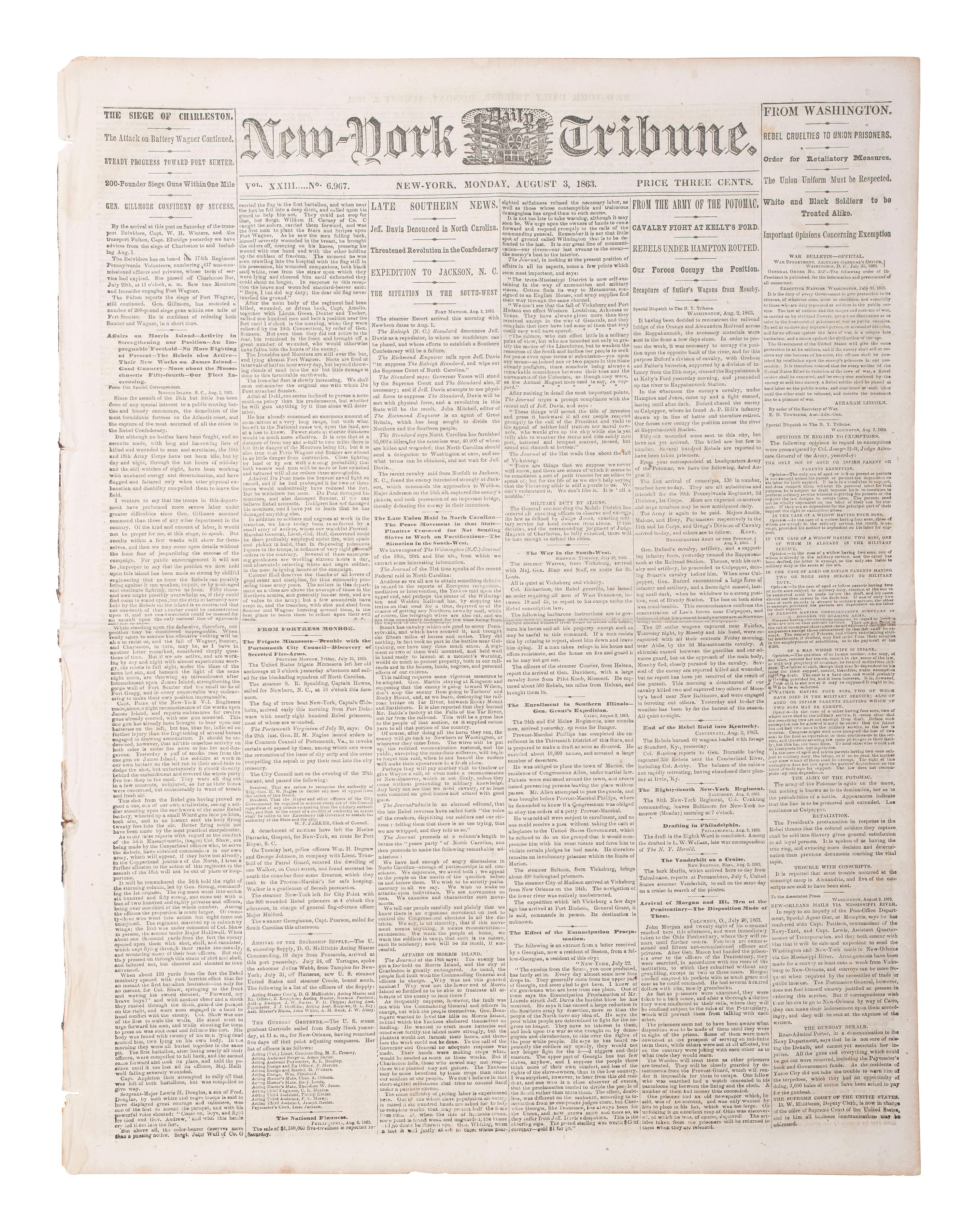 [CIVIL WAR]. A group of 7 war-date newspapers reporting on matters involving slavery and African American troops, highlighted by coverage of the 54th Massachusetts Infantry's actions at Battery Wagner. 1862-1864.