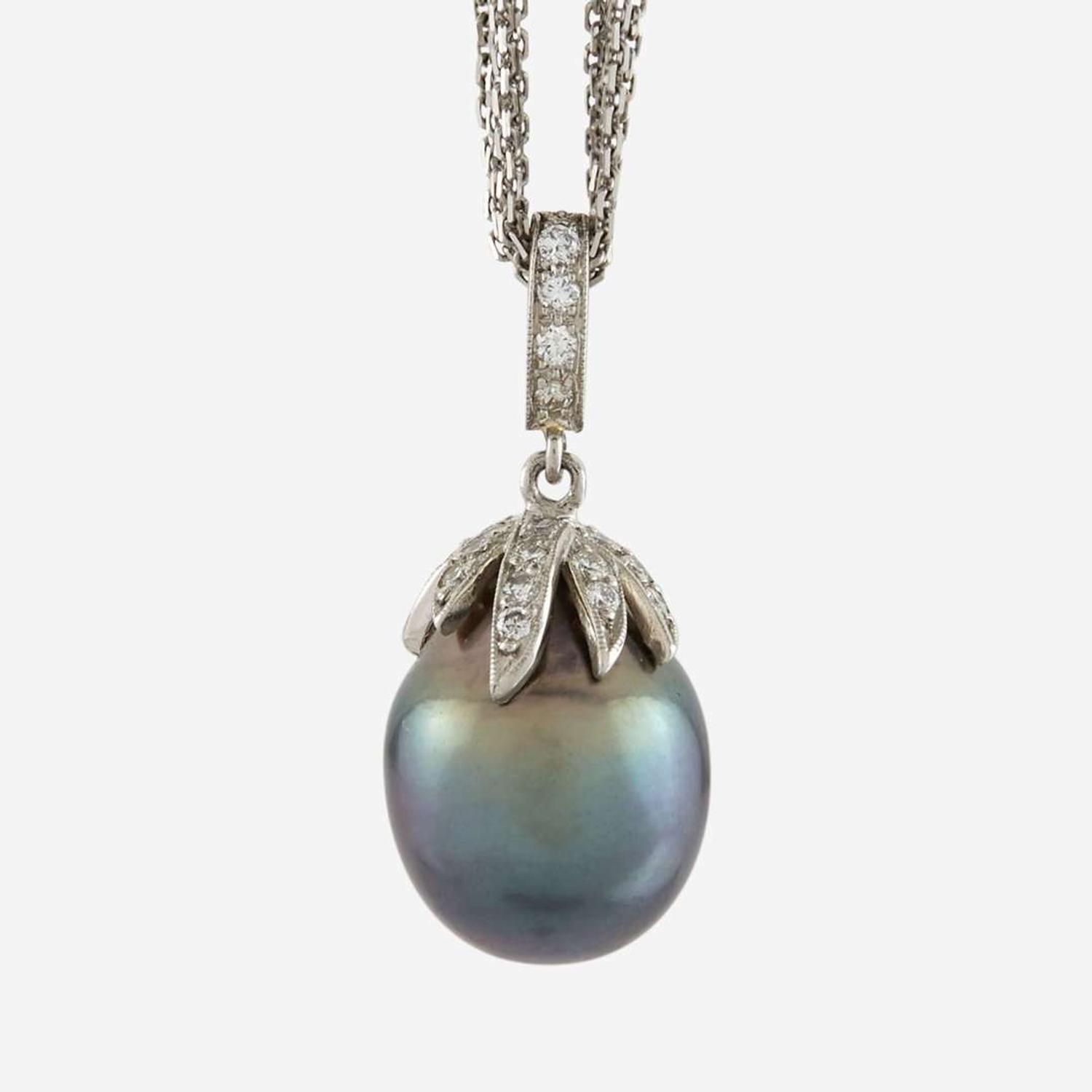 A Tahitian cultured pearl, diamond, and white gold pendant