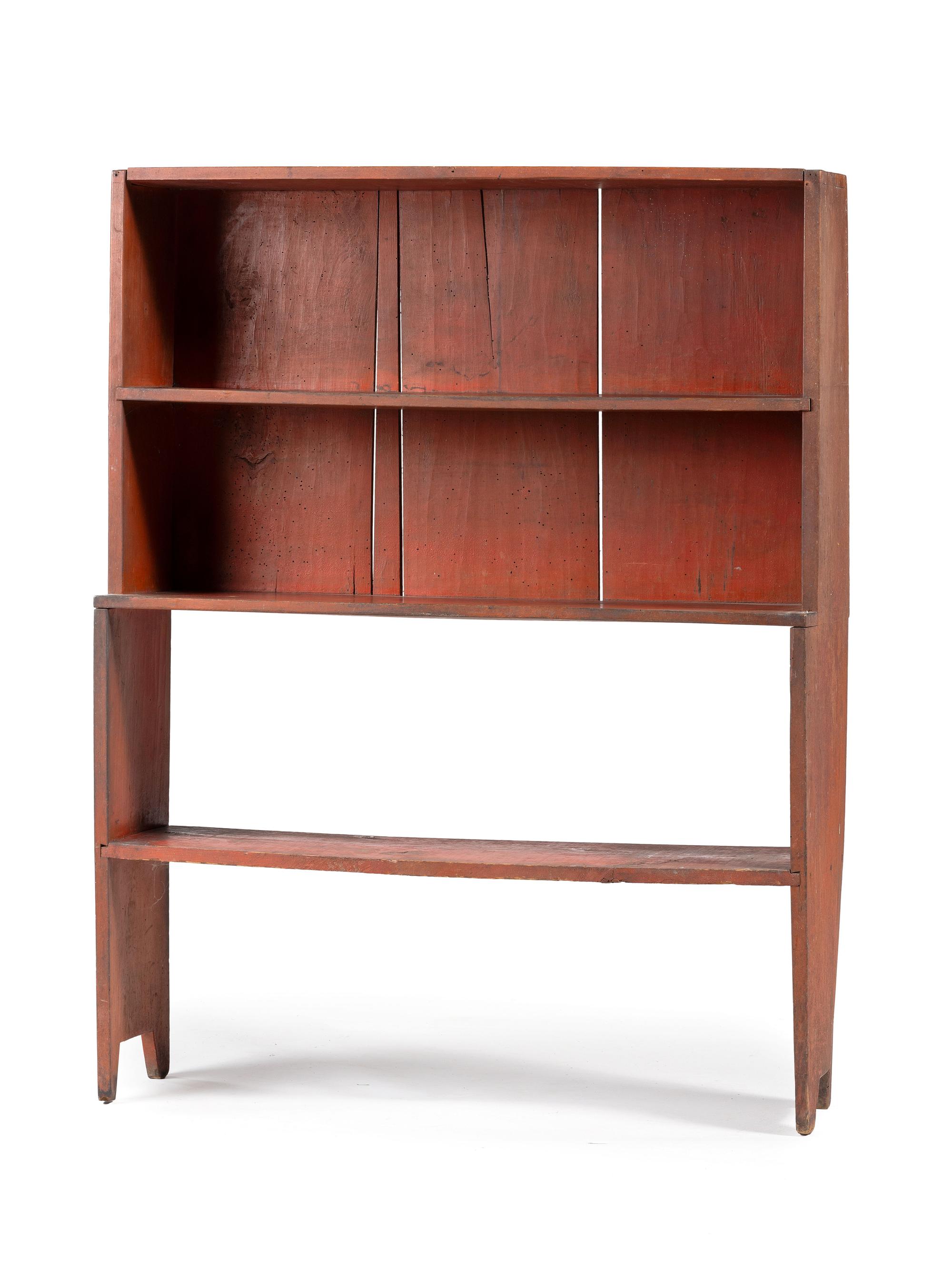 A Country Red Painted Cherrywood Four-Tier Bucket Shelf