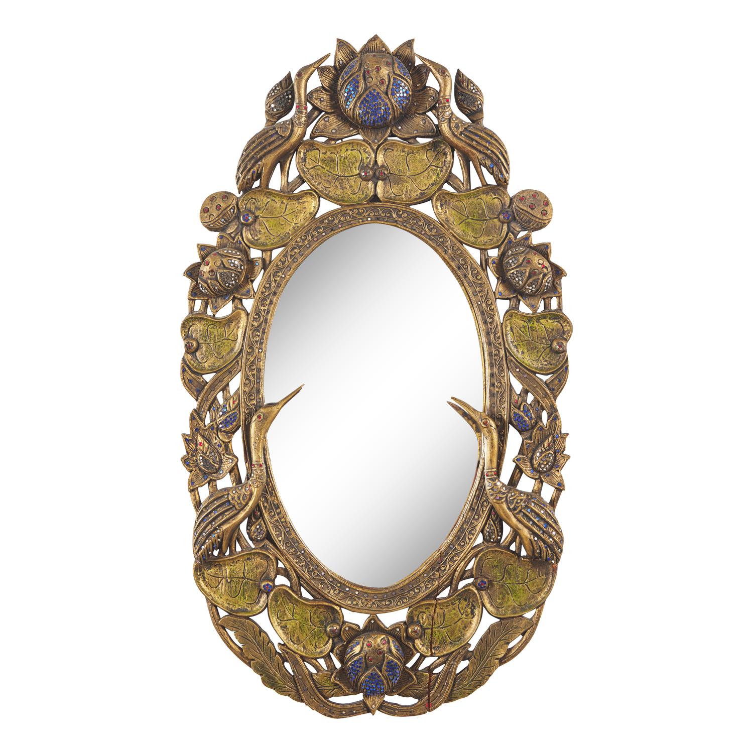 A Burmese Embellished and Carved Wood Mirror and Small Cabinet, Modern 現代 或緬甸 鏡子及小櫃一組