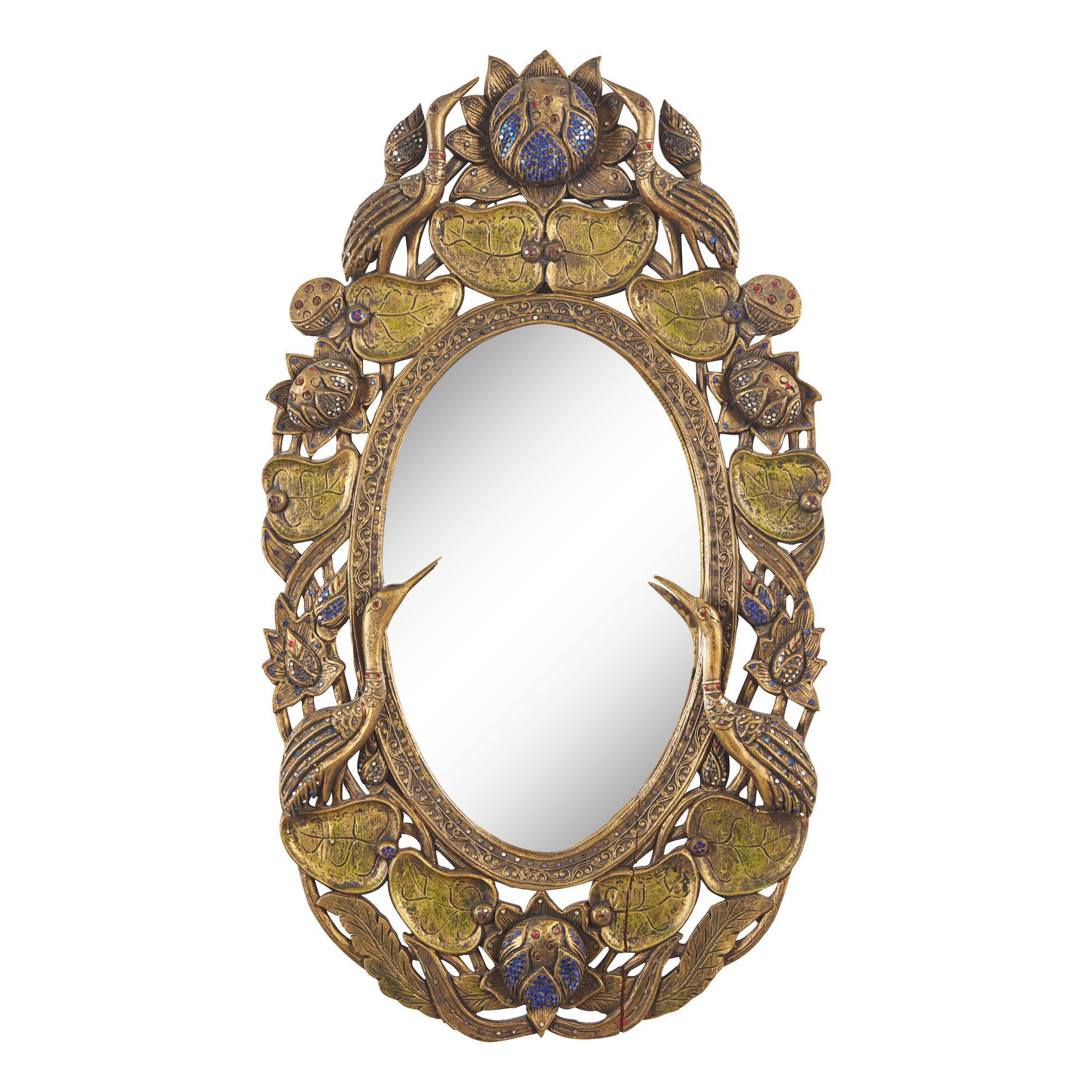 A Burmese Embellished and Carved Wood Mirror and Small Cabinet, Modern 現代 或緬甸 鏡子及小櫃一組