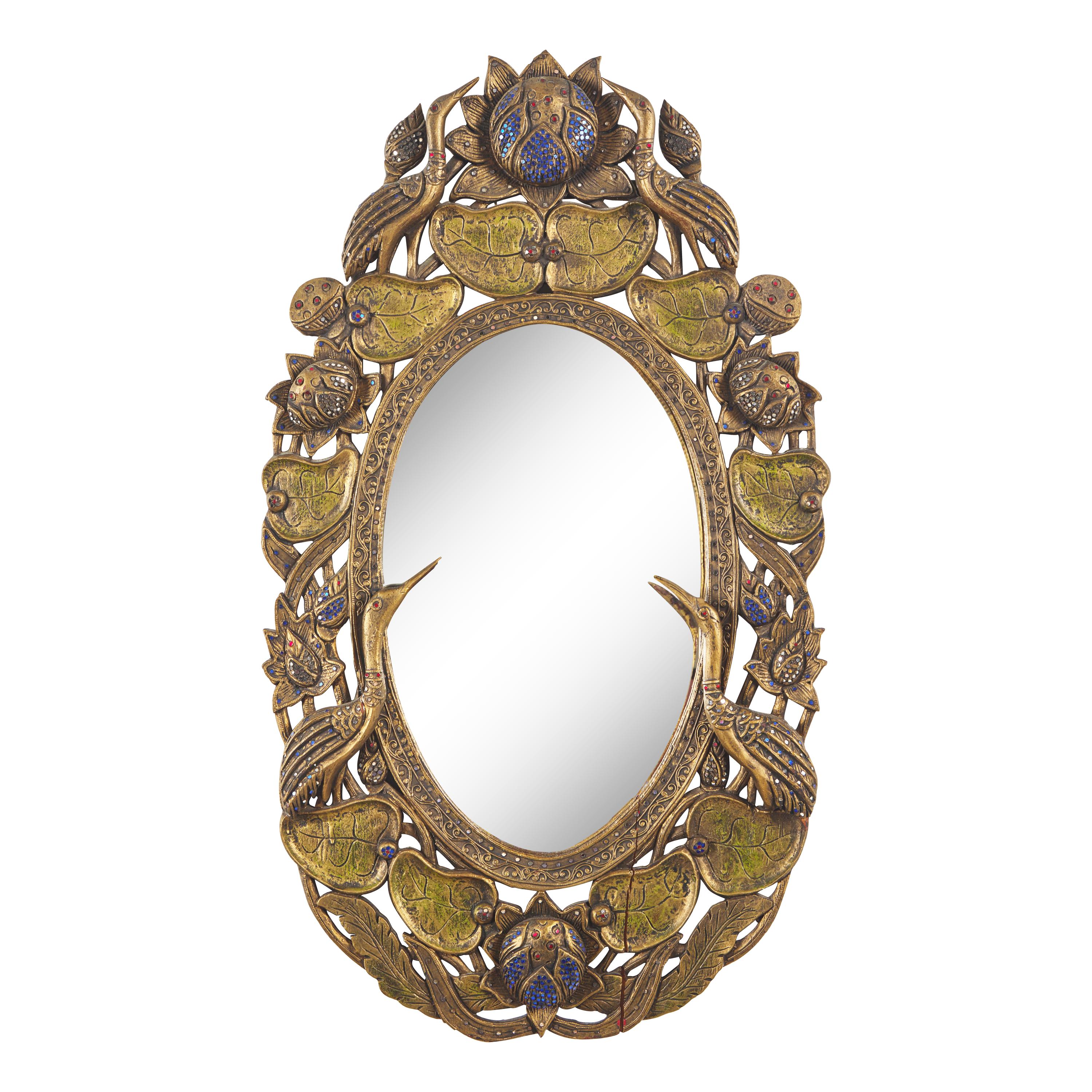 A Burmese Embellished and Carved Wood Mirror and Small Cabinet, Modern 現代 或緬甸 鏡子及小櫃一組