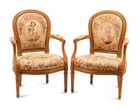A Pair of Louis XVI Style Tapestry Upholstered Armchairs