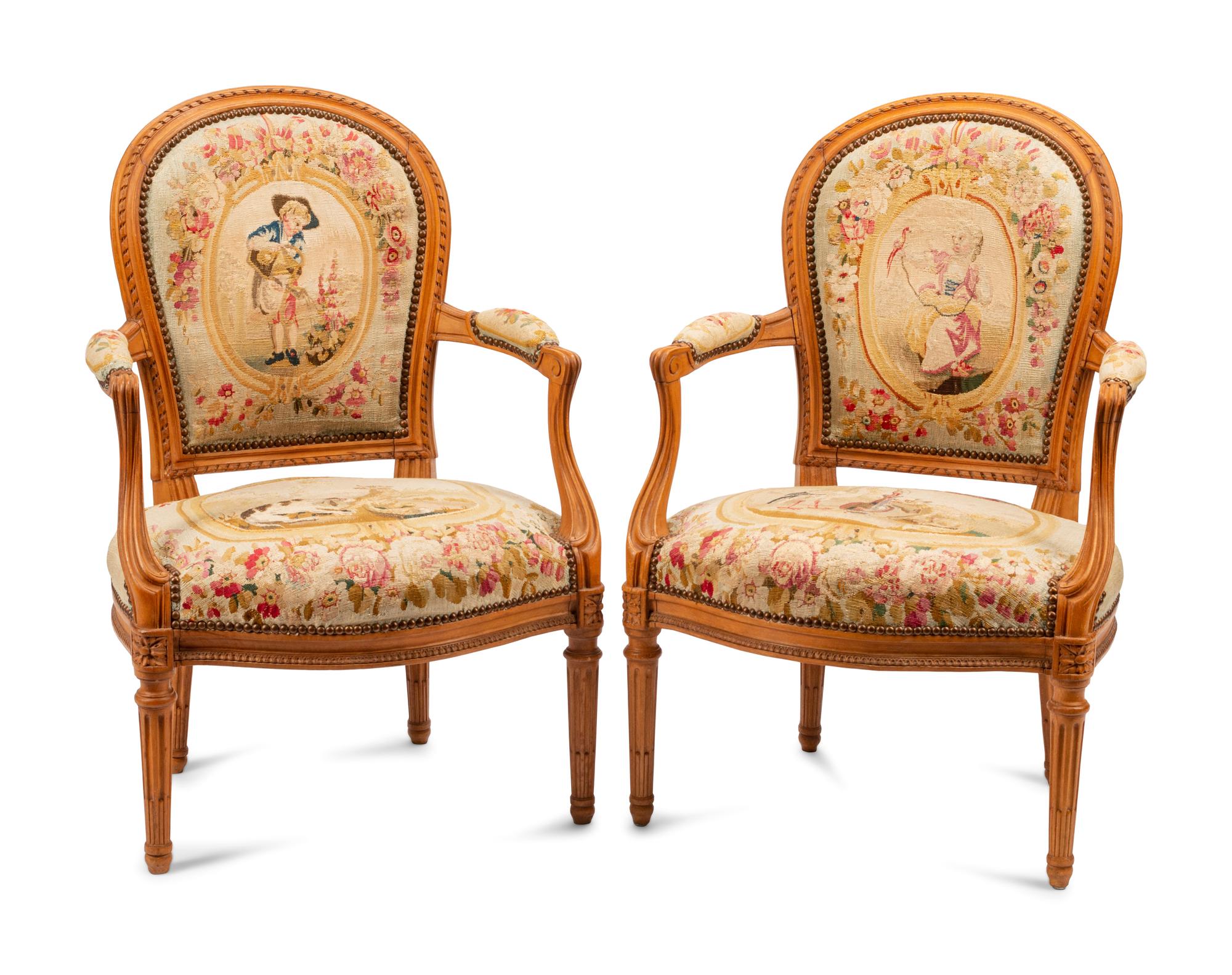 A Pair of Louis XVI Style Tapestry Upholstered Armchairs