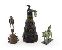 An Ashanti Bronze Figural Bell, a Dogon Style Bronze Warrior and a Yoruba Beaded Conical Cap
