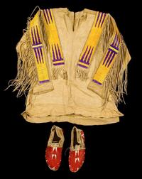 Sioux men's quill-worked hide shirt and quill-worked moccasins hanna levens, fort yates area, 1942