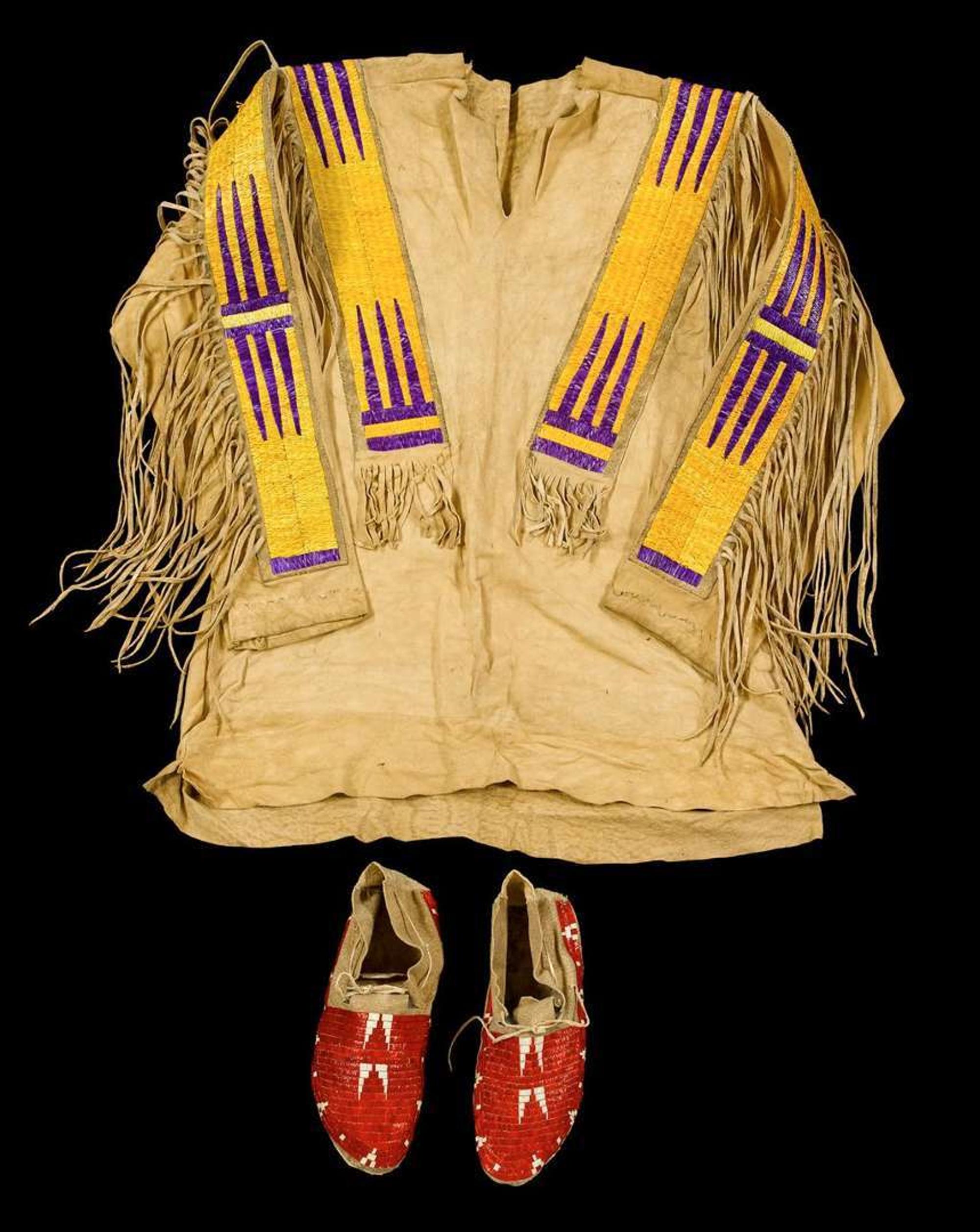 Sioux men's quill-worked hide shirt and quill-worked moccasins hanna levens, fort yates area, 1942