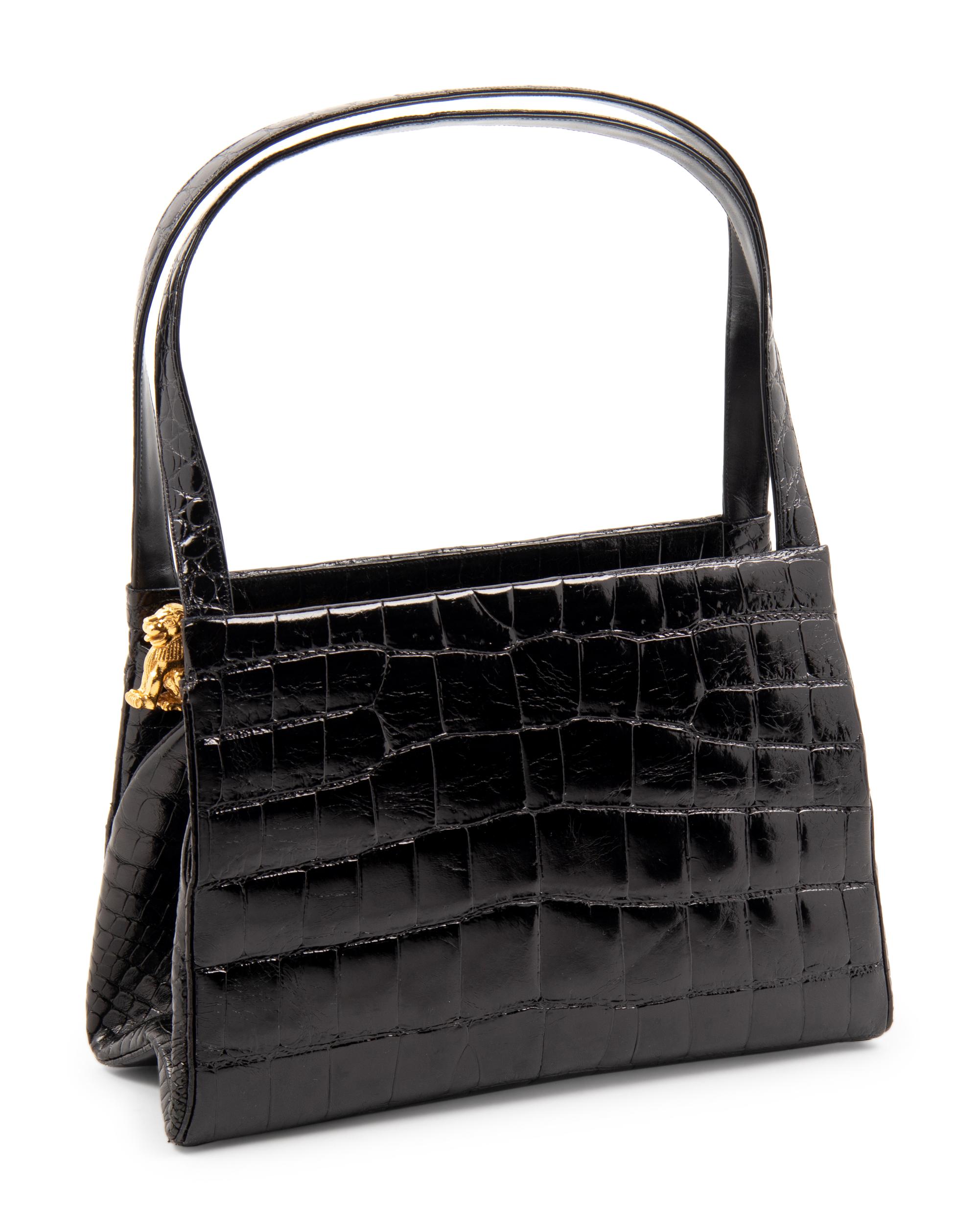 Judith Leiber Black Crocodile Handbag with Lion Release Clip