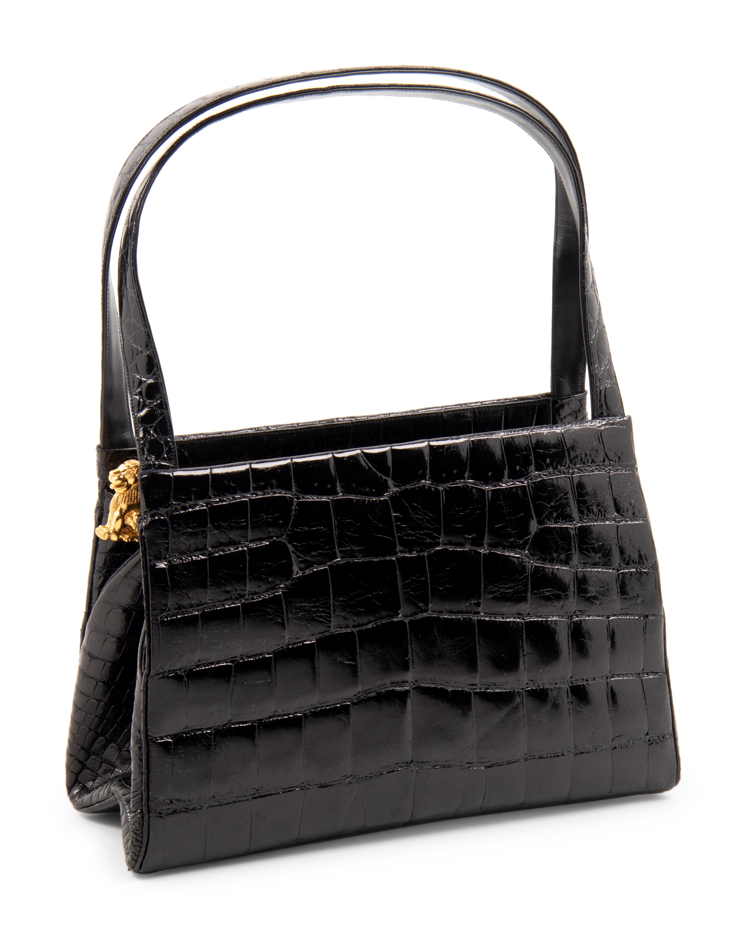 Judith Leiber Black Crocodile Handbag with Lion Release Clip