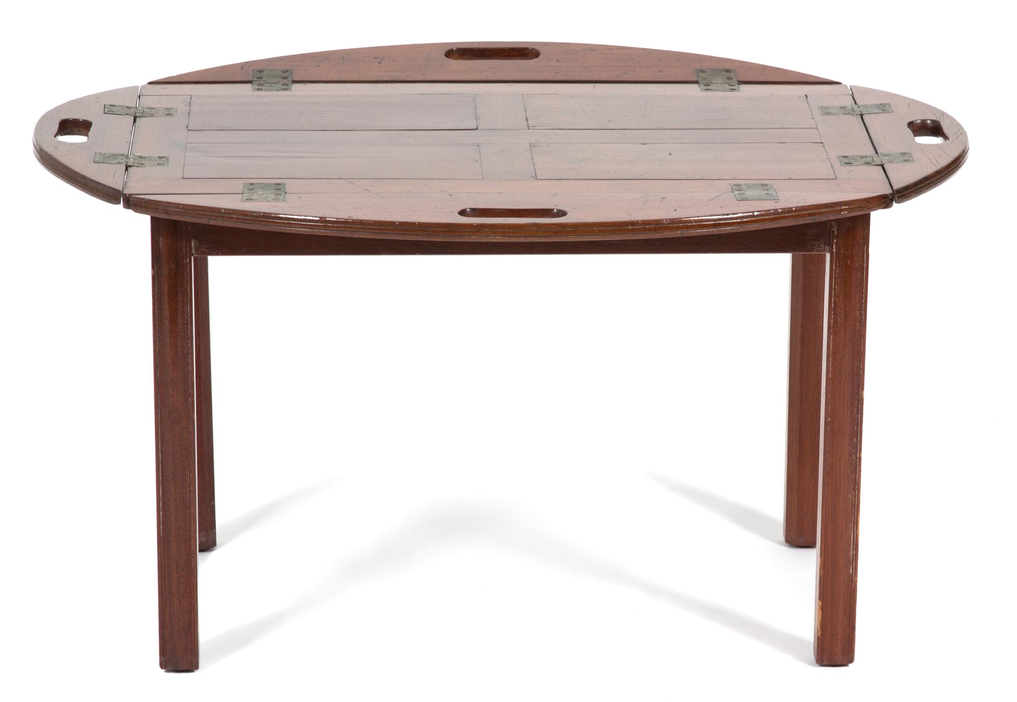 An English Mahogany Butler's Tray on Stand Height 17 3/4 x width 32 1/2 x depth 23 3/4 inches. — 19TH CENTURY