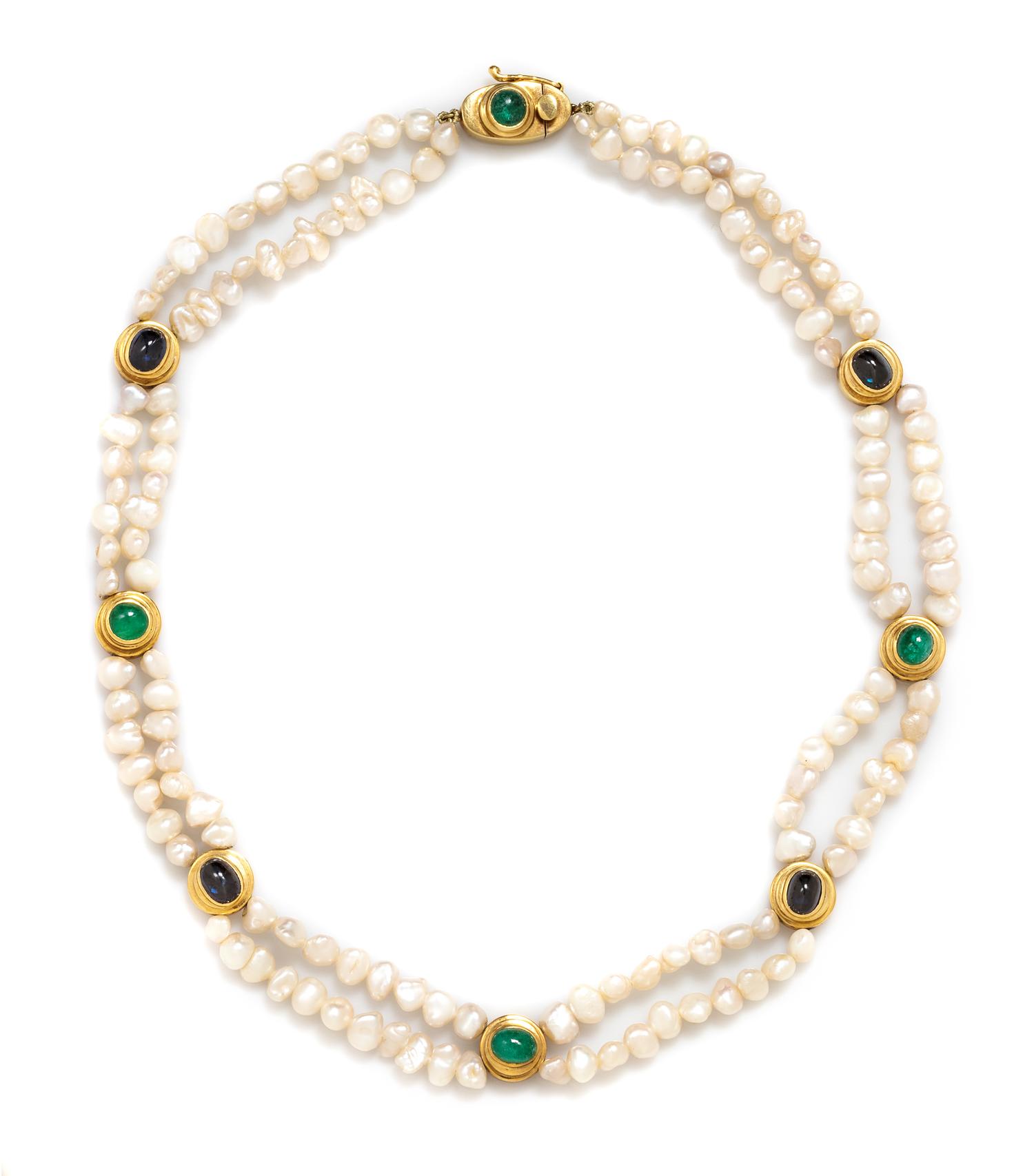 An 18 Karat Yellow Gold, Cultured Baroque Pearl, Emerald and Sapphire Necklace, Susan Berman, 38.00 dwts.