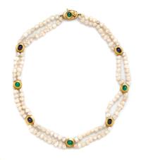 An 18 Karat Yellow Gold, Cultured Baroque Pearl, Emerald and Sapphire Necklace, Susan Berman, 38.00 dwts.