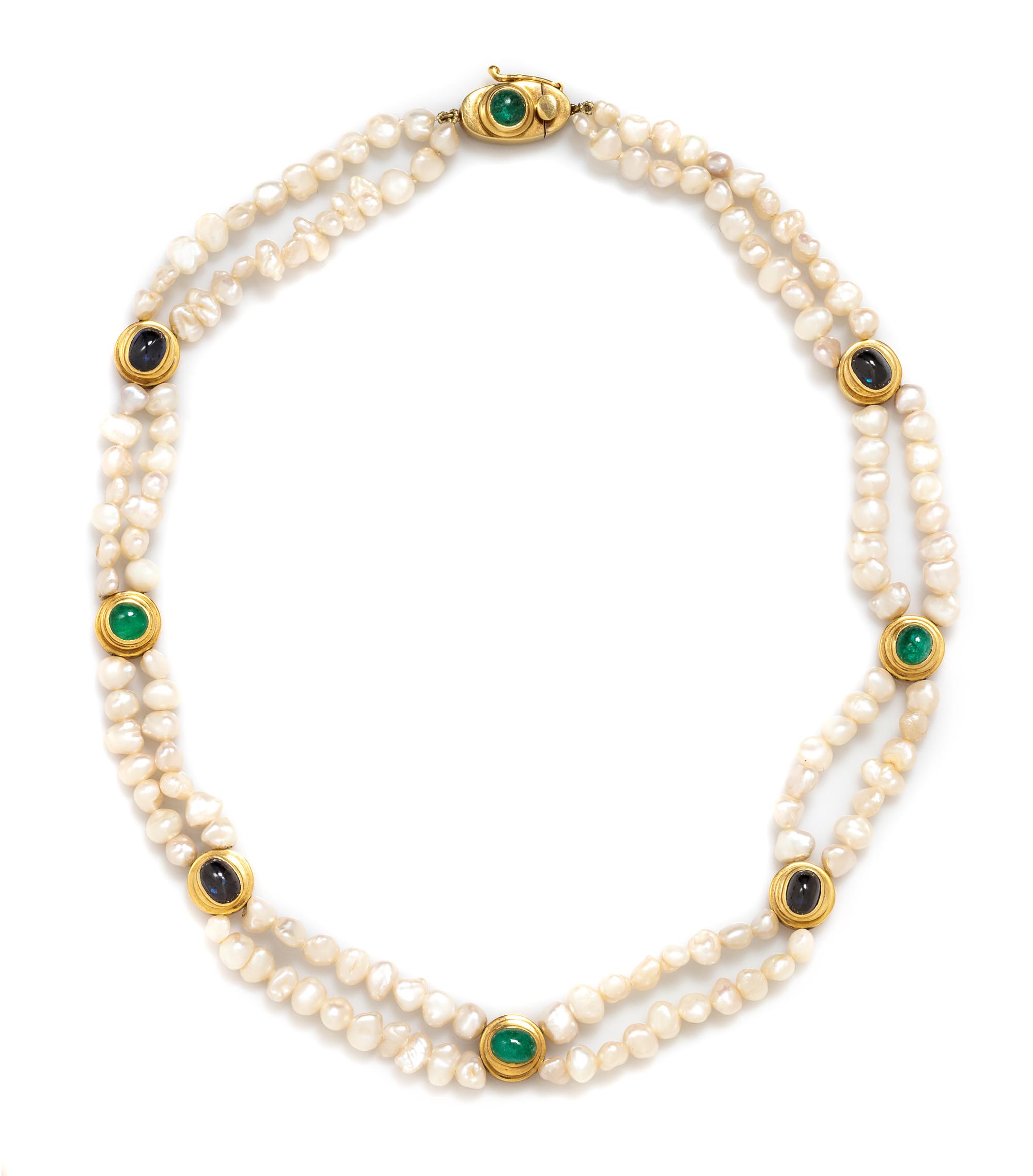 An 18 Karat Yellow Gold, Cultured Baroque Pearl, Emerald and Sapphire Necklace, Susan Berman, 38.00 dwts.