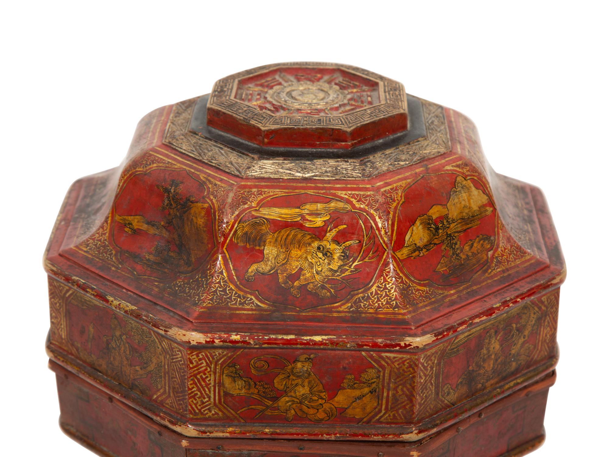 A Chinese Parcel Gilt Red Lacquer Octagonal Lidded Box