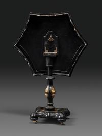 A Victorian Parcel-Gilt and Black Lacquered Mother-of-Pearl Inlaid Hexagonal Tilt-Top Tea Table